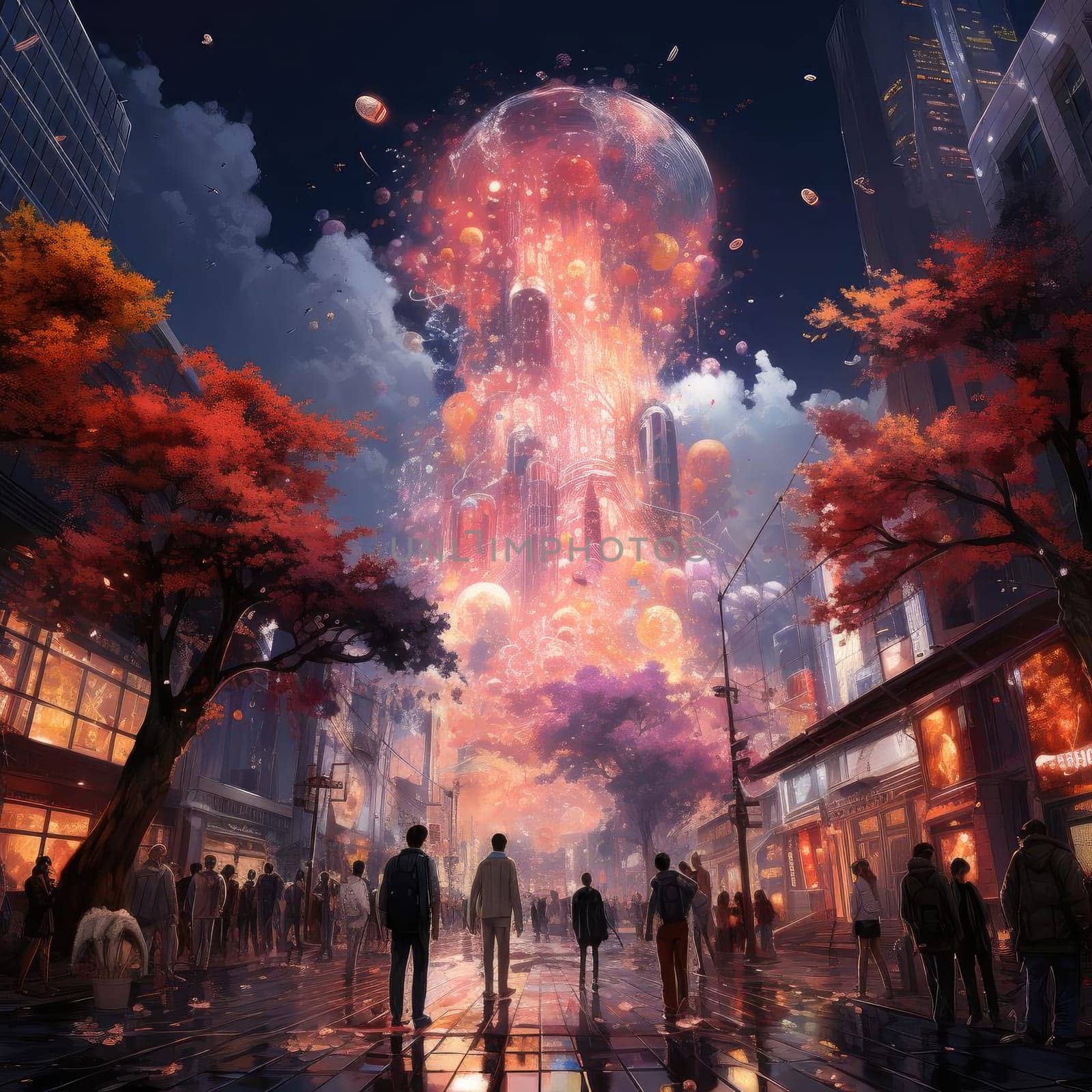 Dreamlike image of people in a city with an explosion