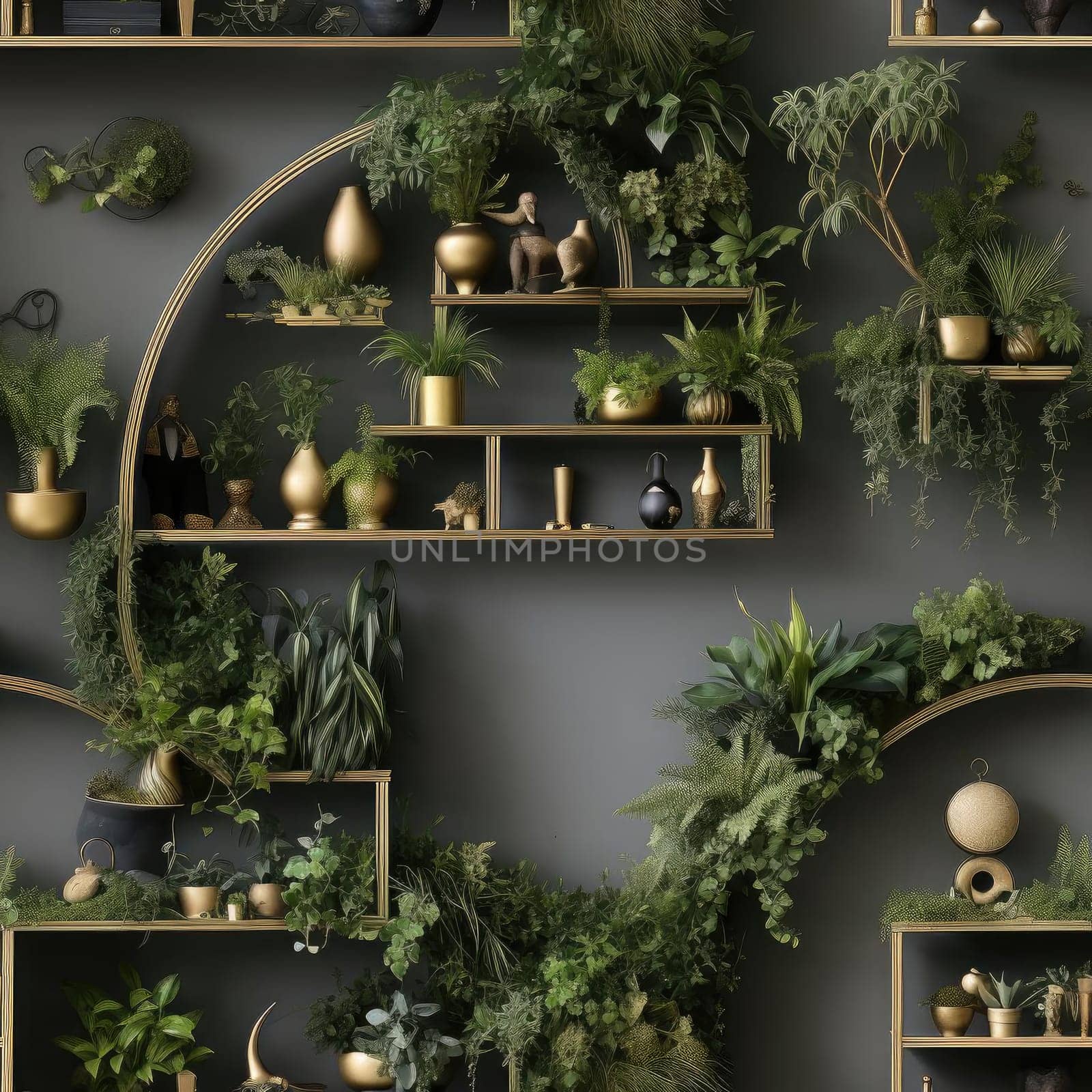 Elegant indoor green wall with golden shelves and plants (tiled)