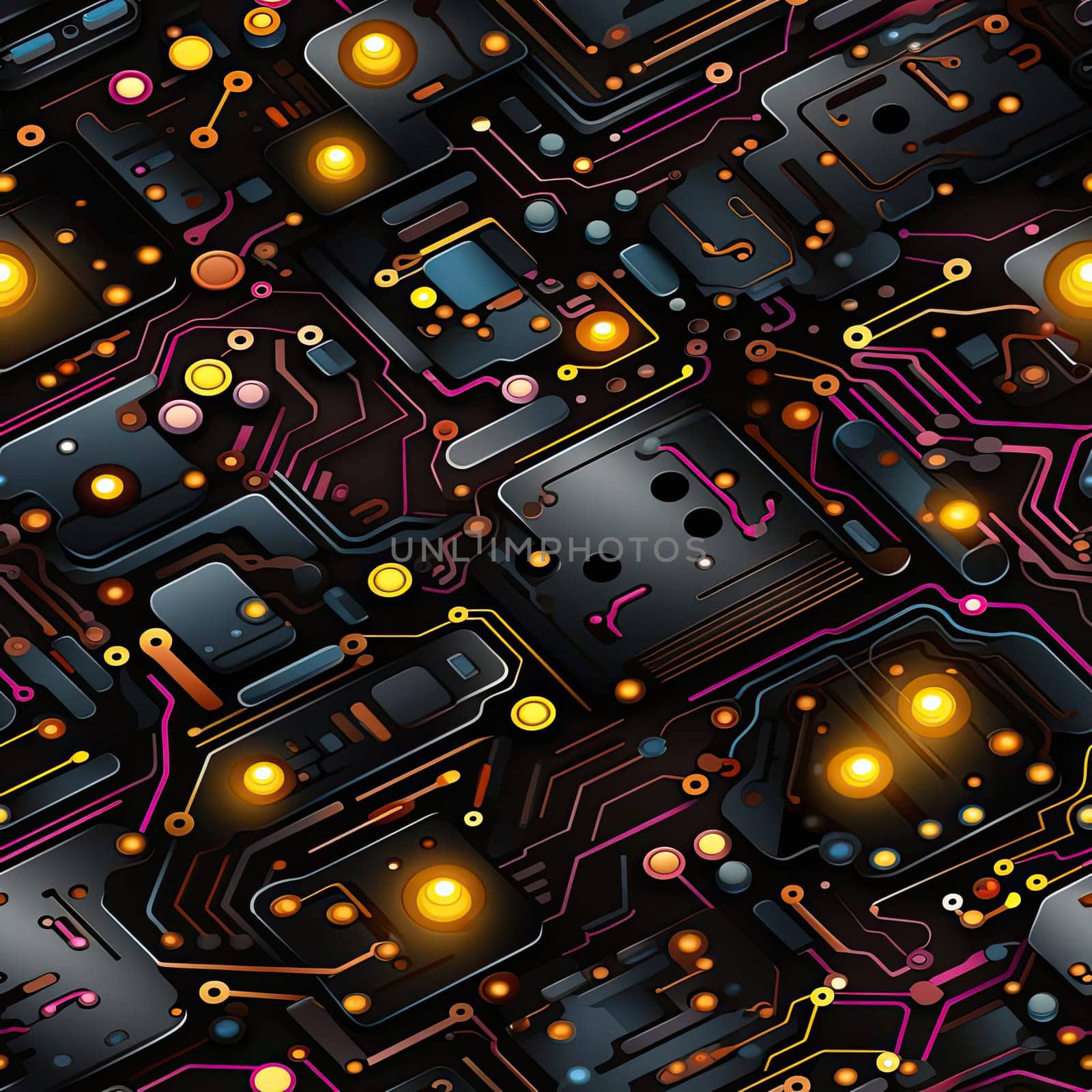 Circuit board design in glowing colors and birds-eye-view (tiled)