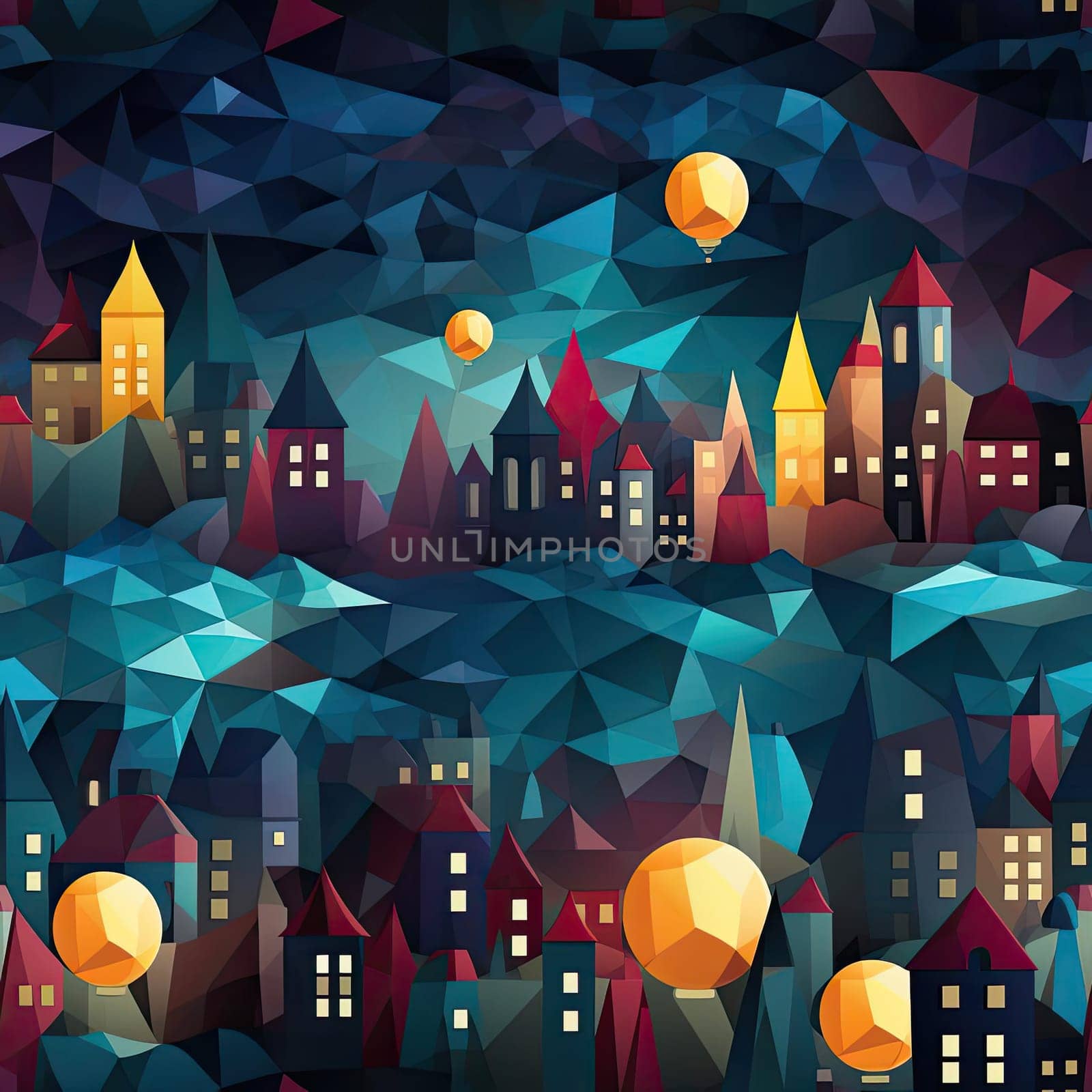 Low poly art style night pattern with buildings and balloons (tiled)