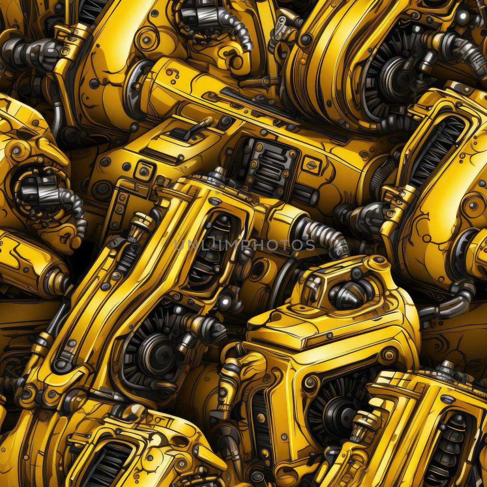 Yellow robots and metal pieces with intricate details (tiled)