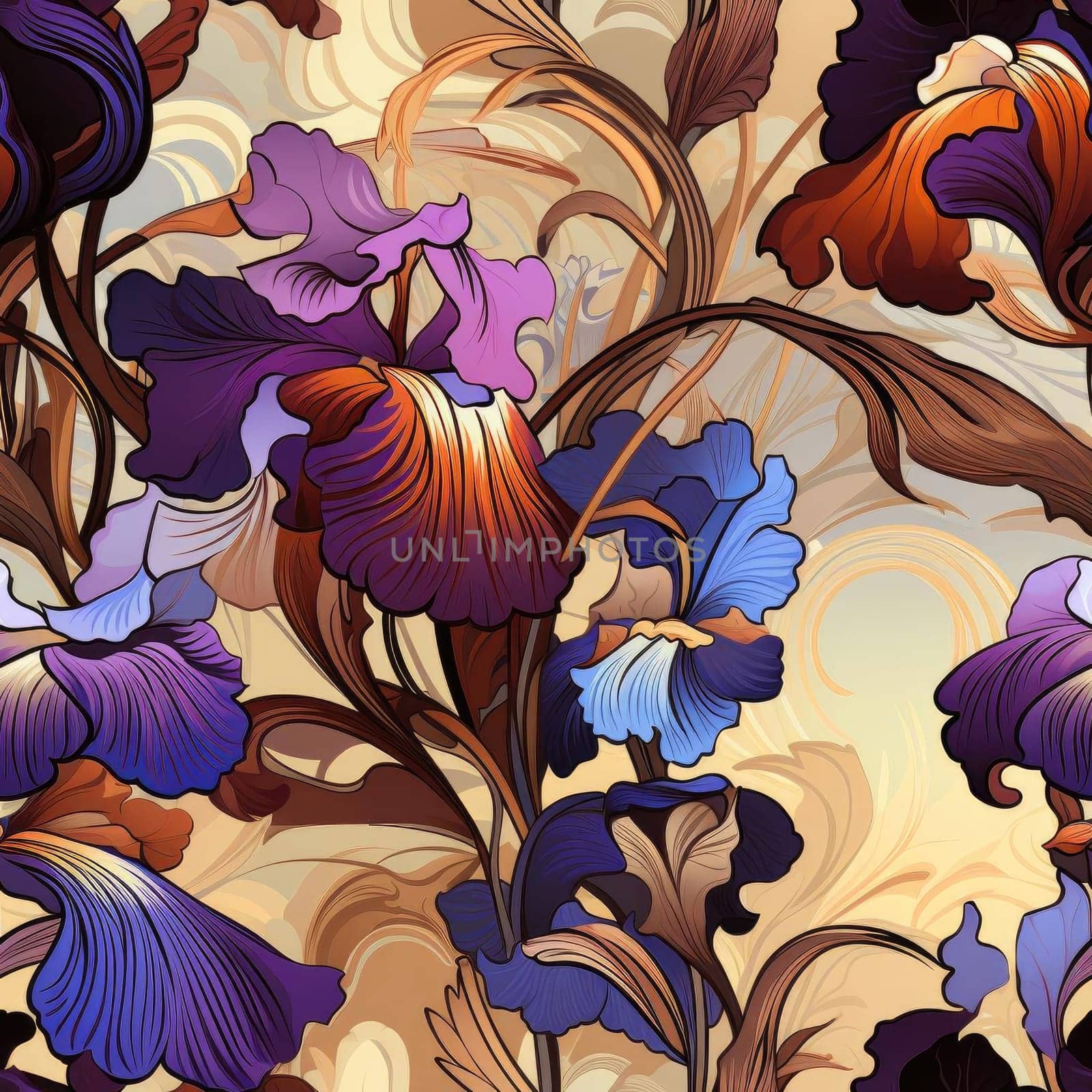 Exquisite floral pattern with iris flowers in rich colors (tiled)