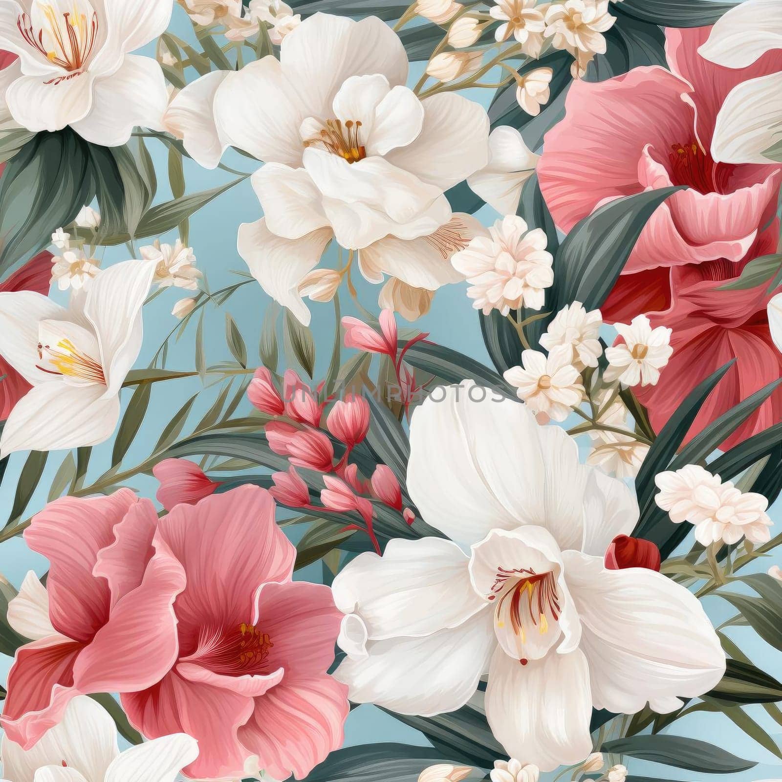 Delicate pink and white flower pattern with highly realistic details (tiled)