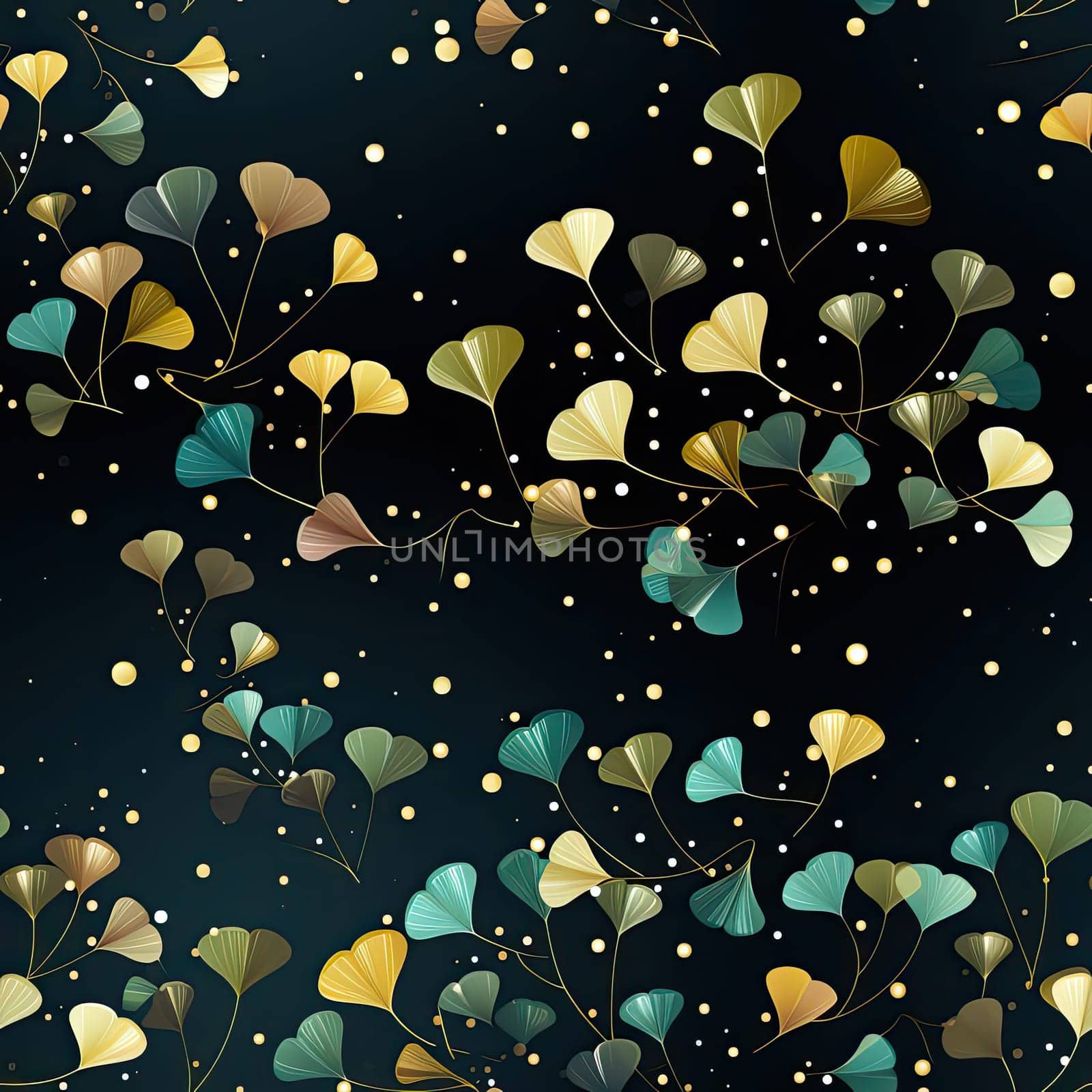 Background with stylized ginkgo leaves on black surface with whimsical illustrations (tiled)