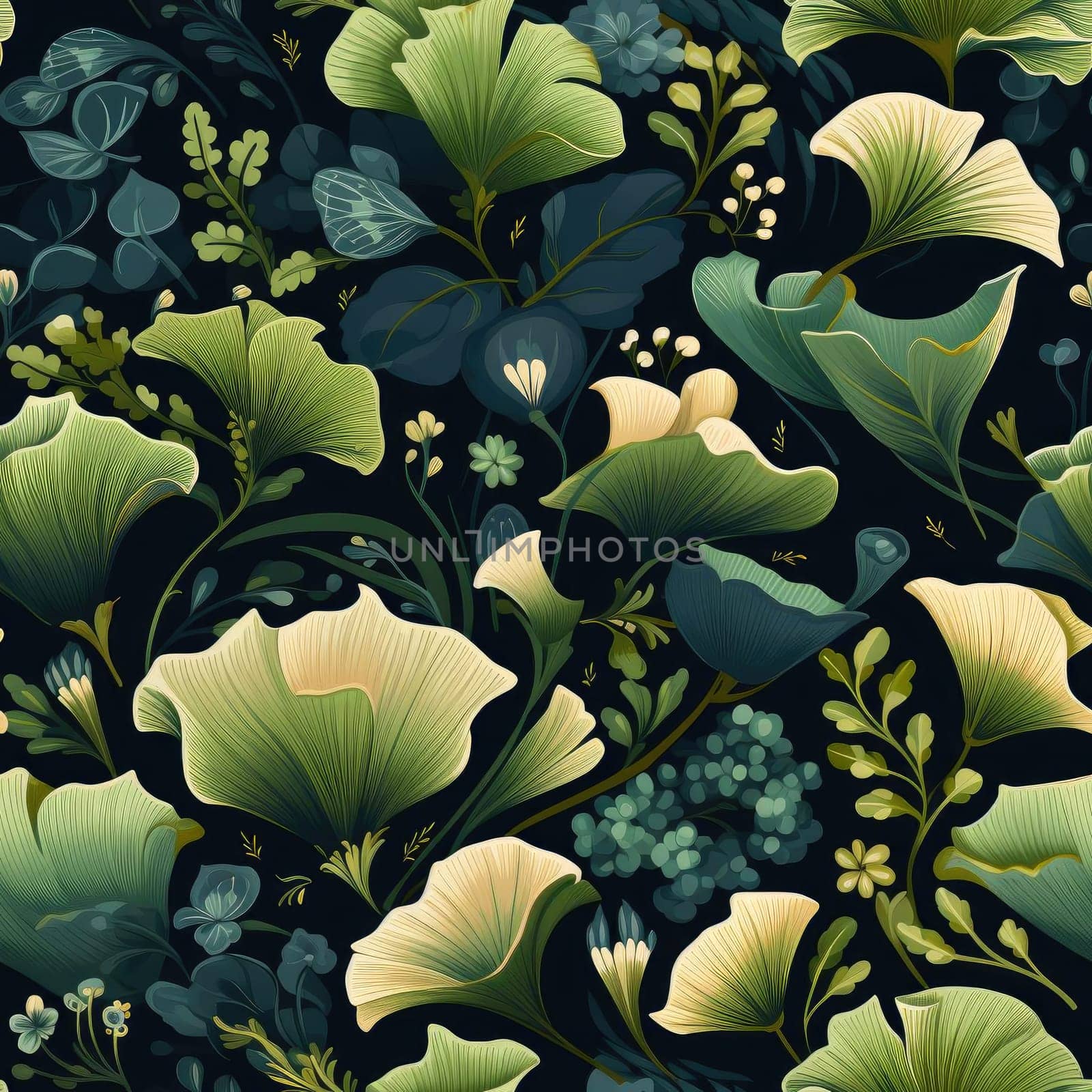 Delicate floral pattern with ginkgo leaves in navy and green (tiled)
