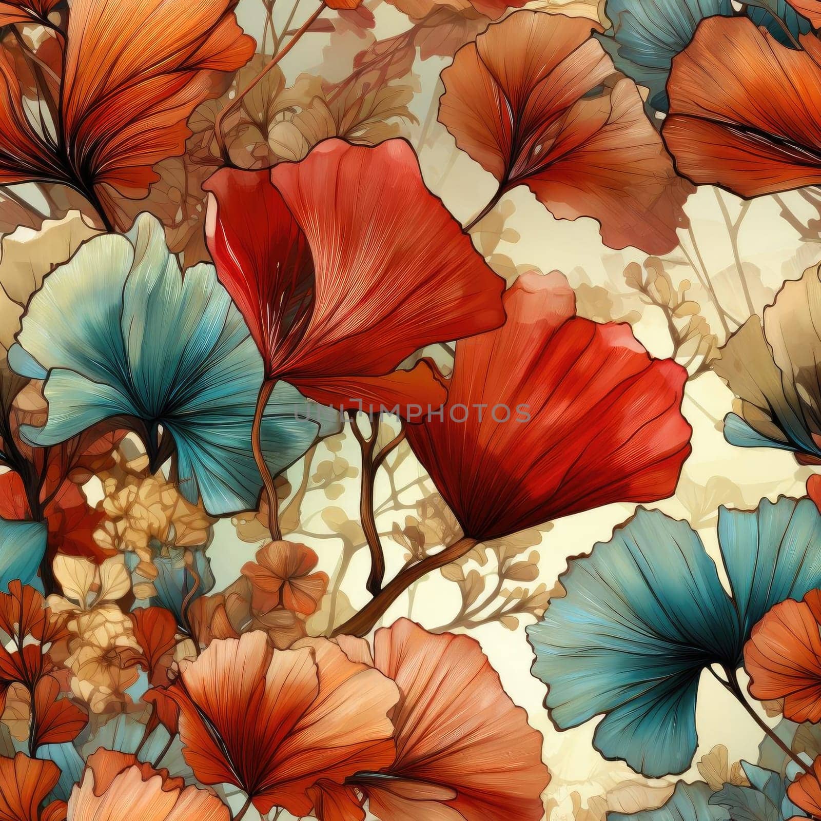 Abstract floral wallpaper pattern with red leaves and blue flower, in the style of stained glass