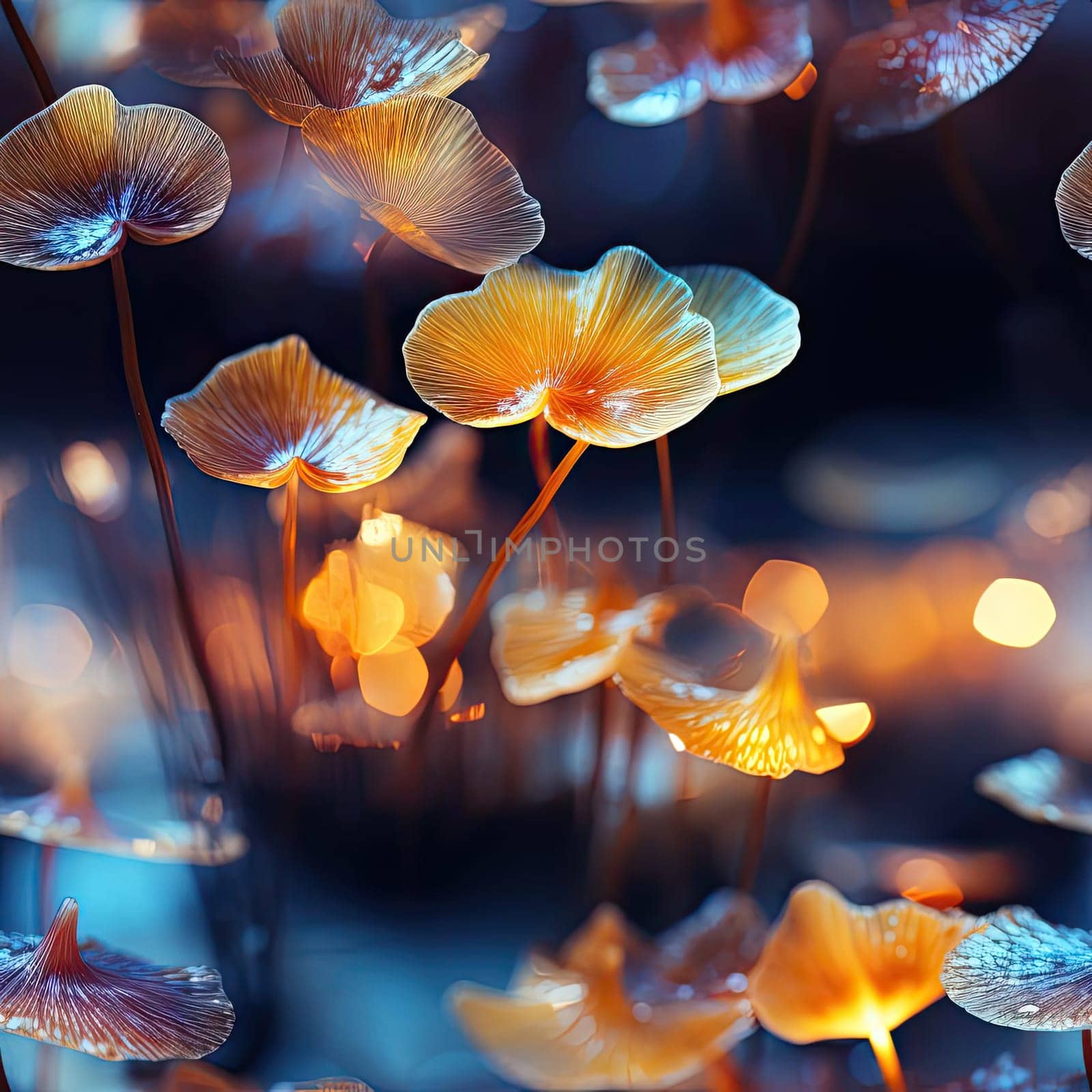 Mushrooms with delicate flowers illuminated by golden light (tiled)