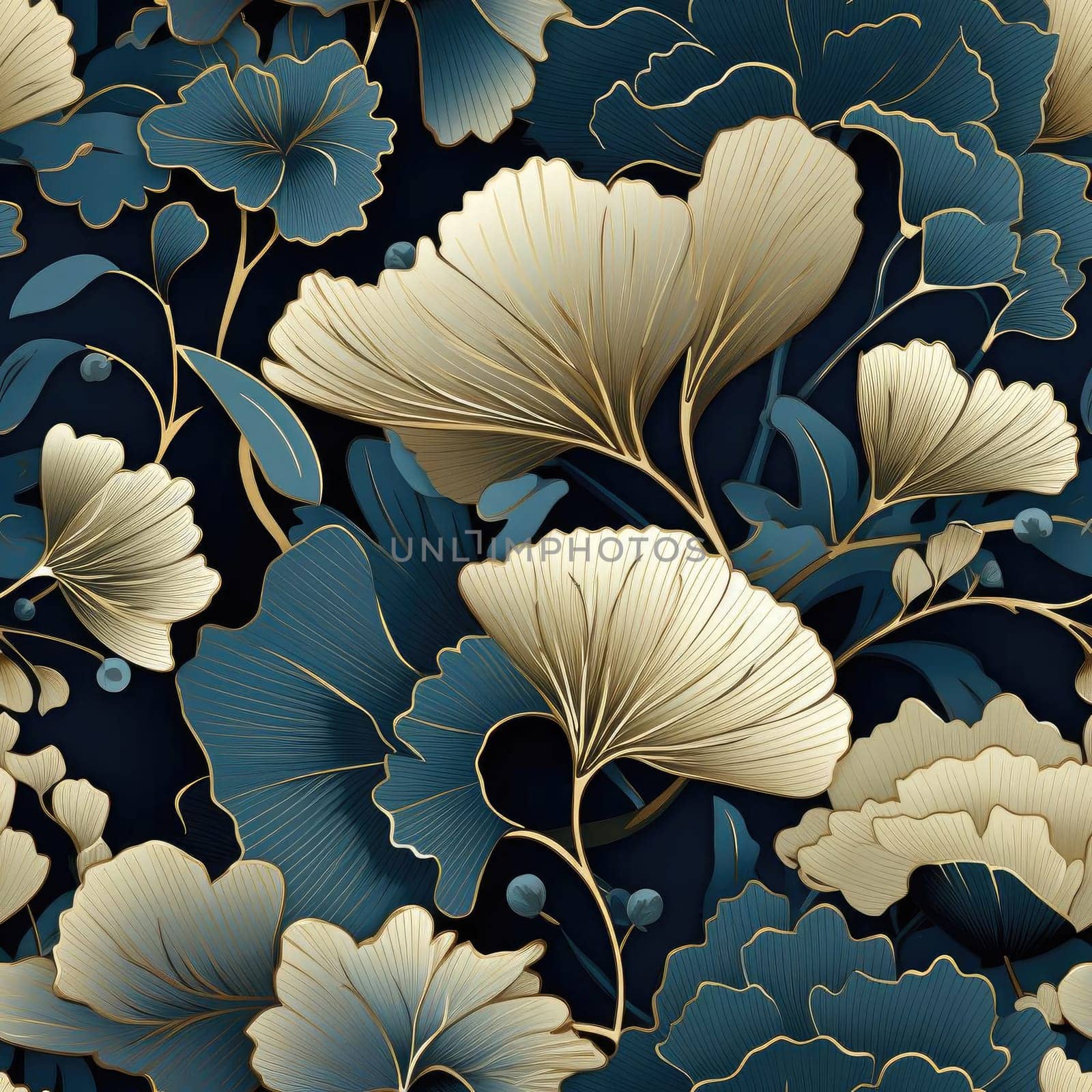 Realistic gold and blue floral pattern with surrealistic elements (tiled)
