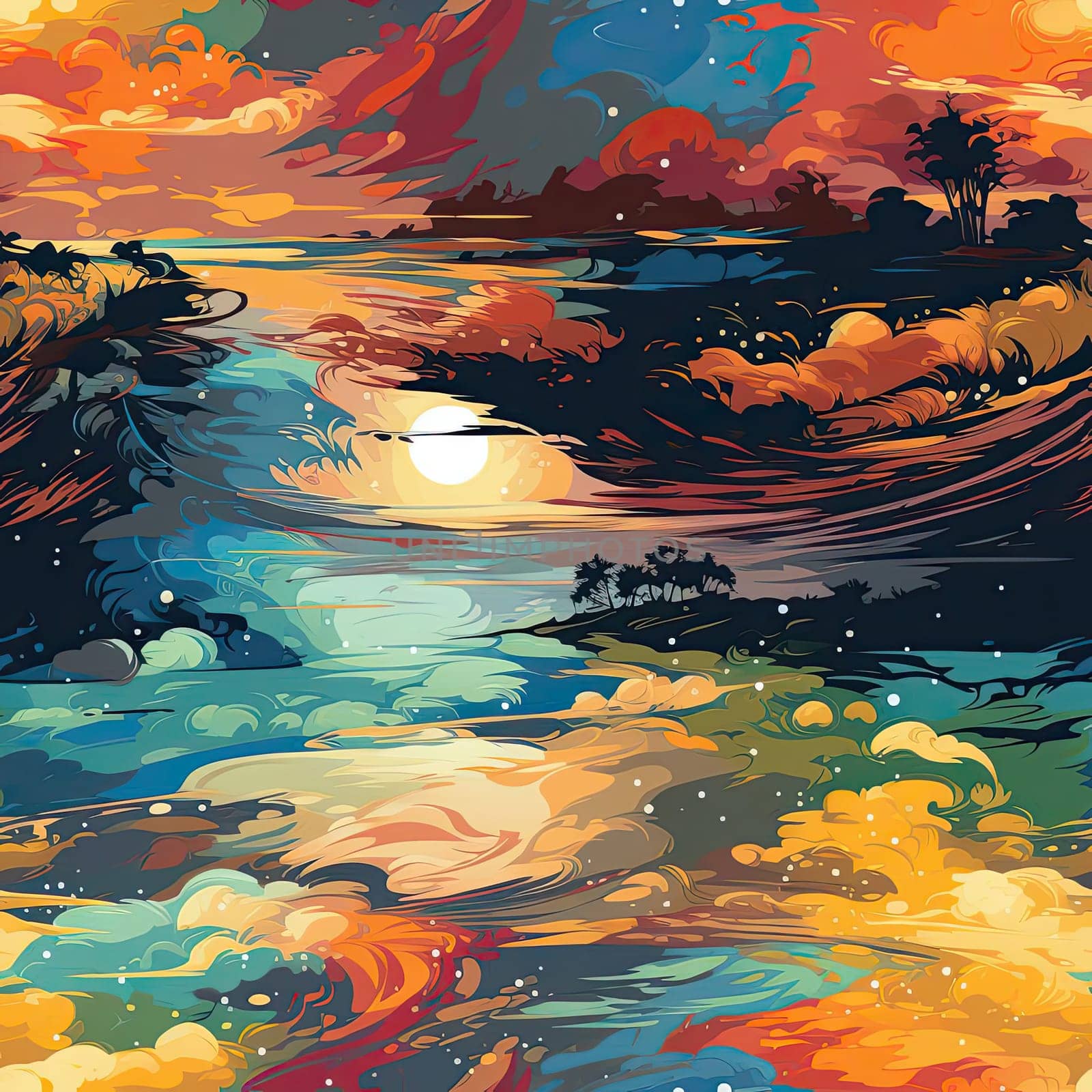 Vibrant painting of a nature scene with ocean and sunset (tiled)