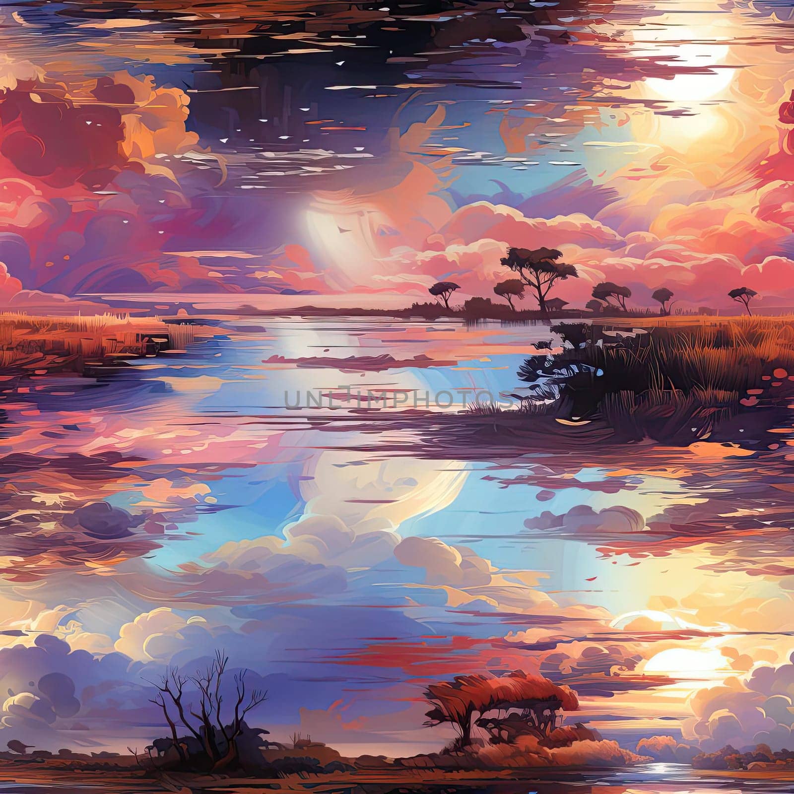 Abstract artwork of clouds, water, and reflections in a serene landscape (tiled)