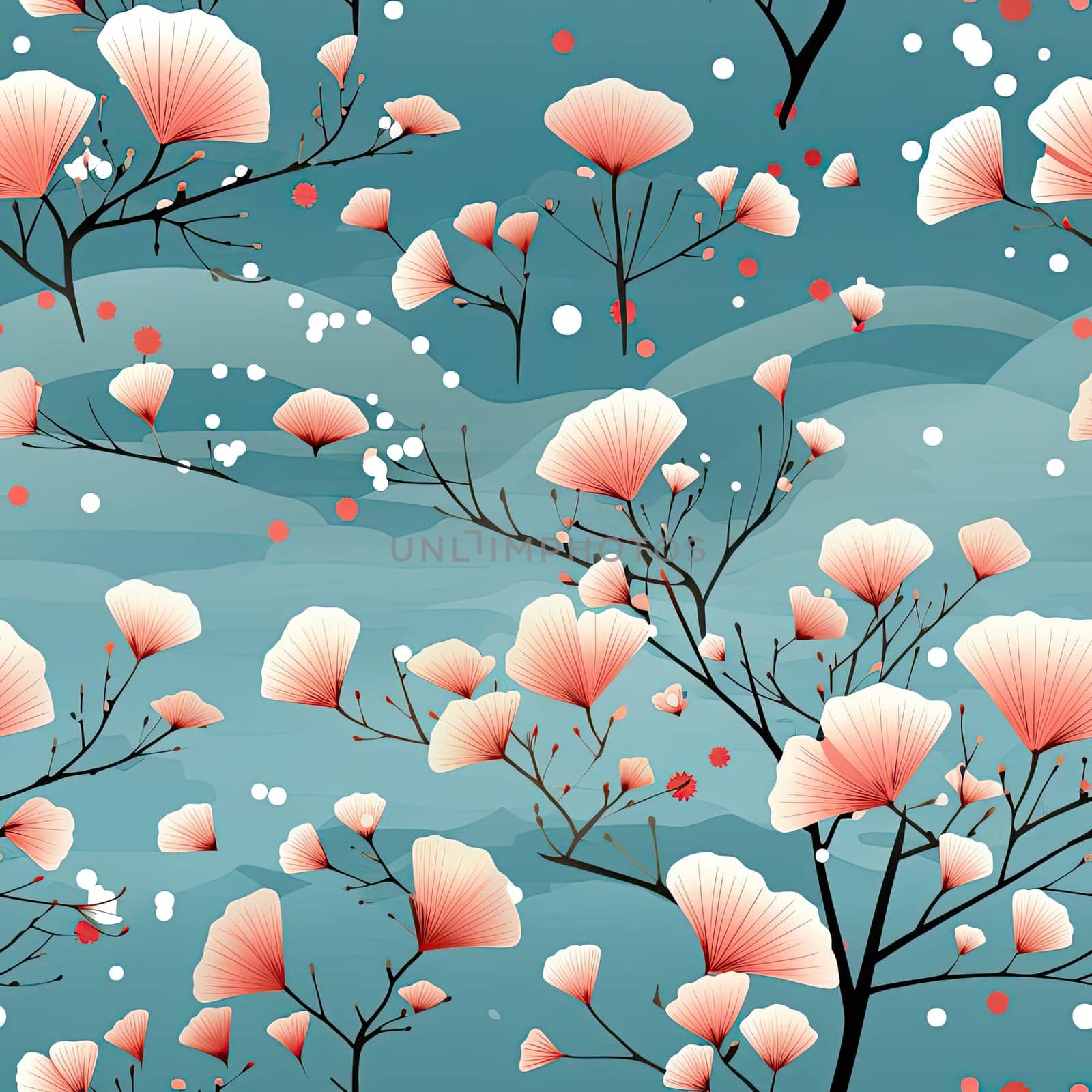 Seamless pattern of flowers and snow on a blue background, in contemporary Chinese art style