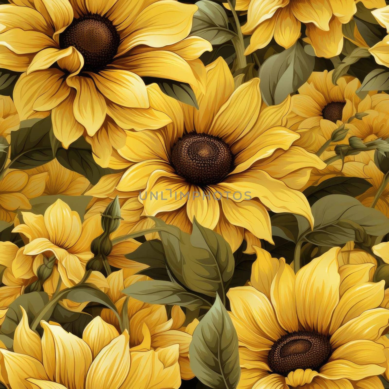 Seamless patterns with highly detailed sunflowers on different backgrounds (tiled)