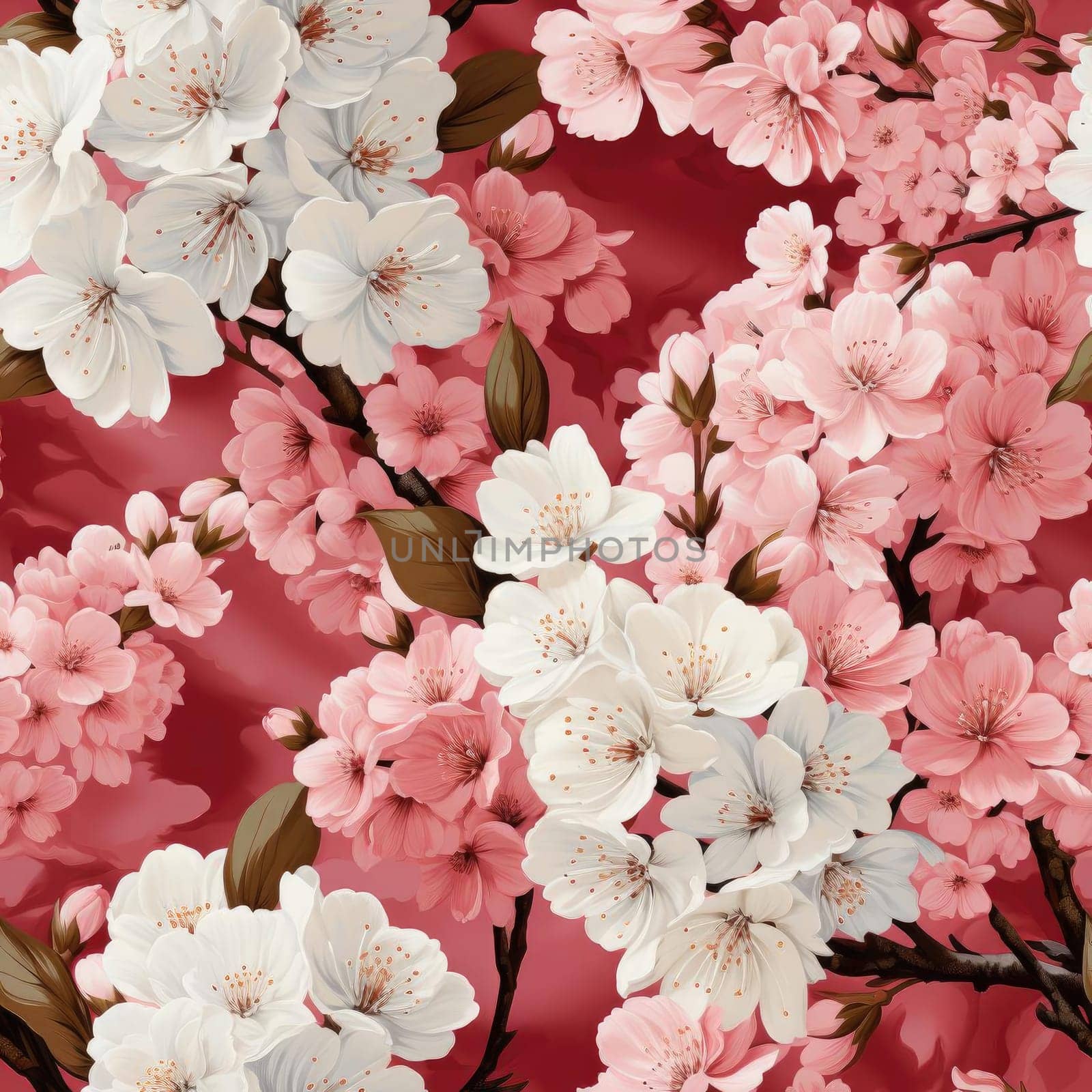 Sakura blossom wallpaper with white buds on pink and red (tiled)
