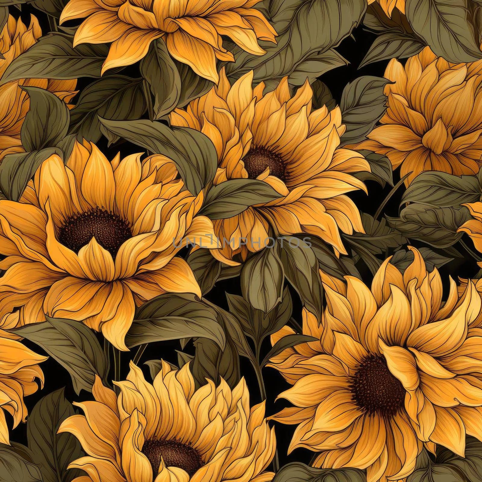 Detailed and realistic sunflower patterns on black backgrounds (tiled)