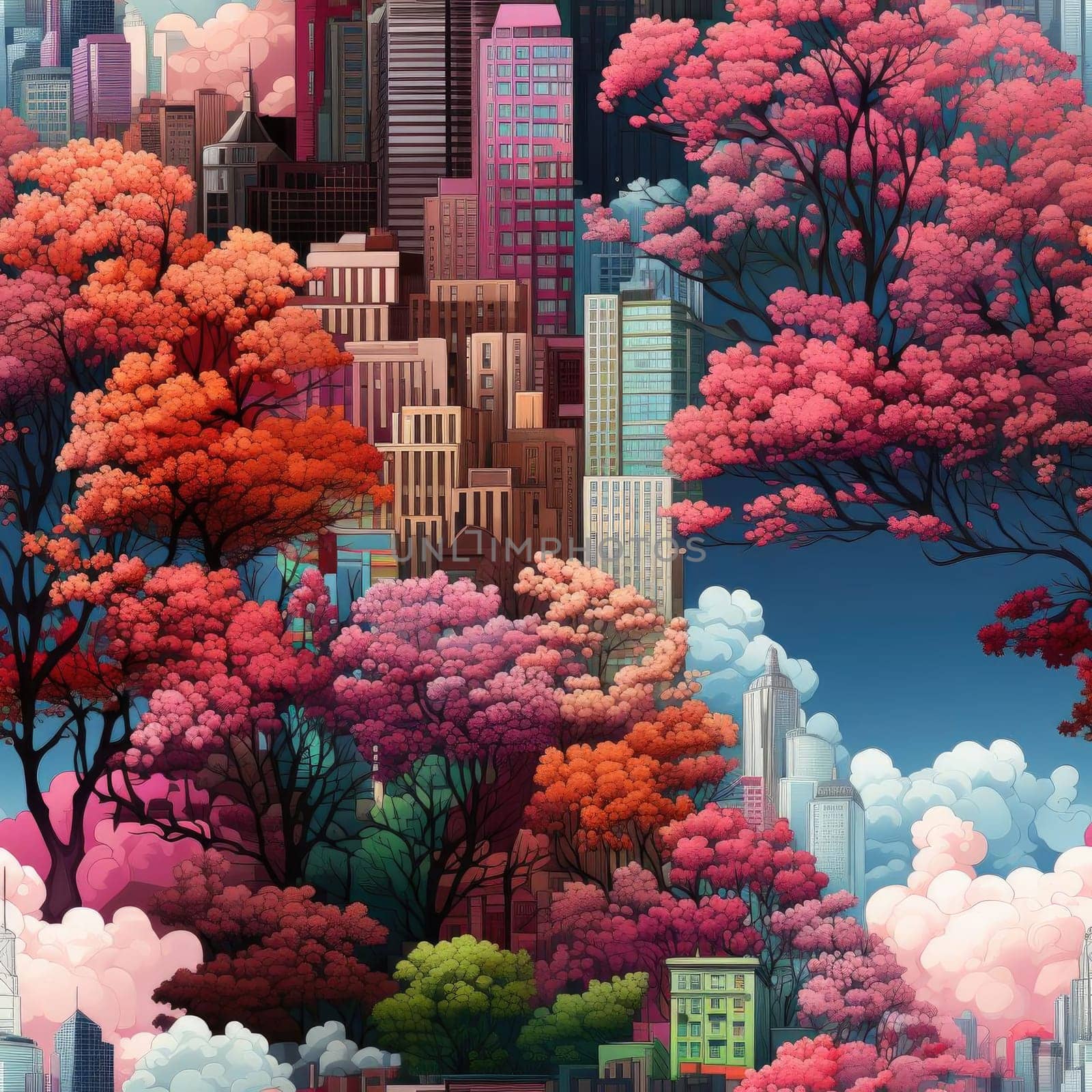 Detailed illustration of a city with pink trees and flowers (tiled)