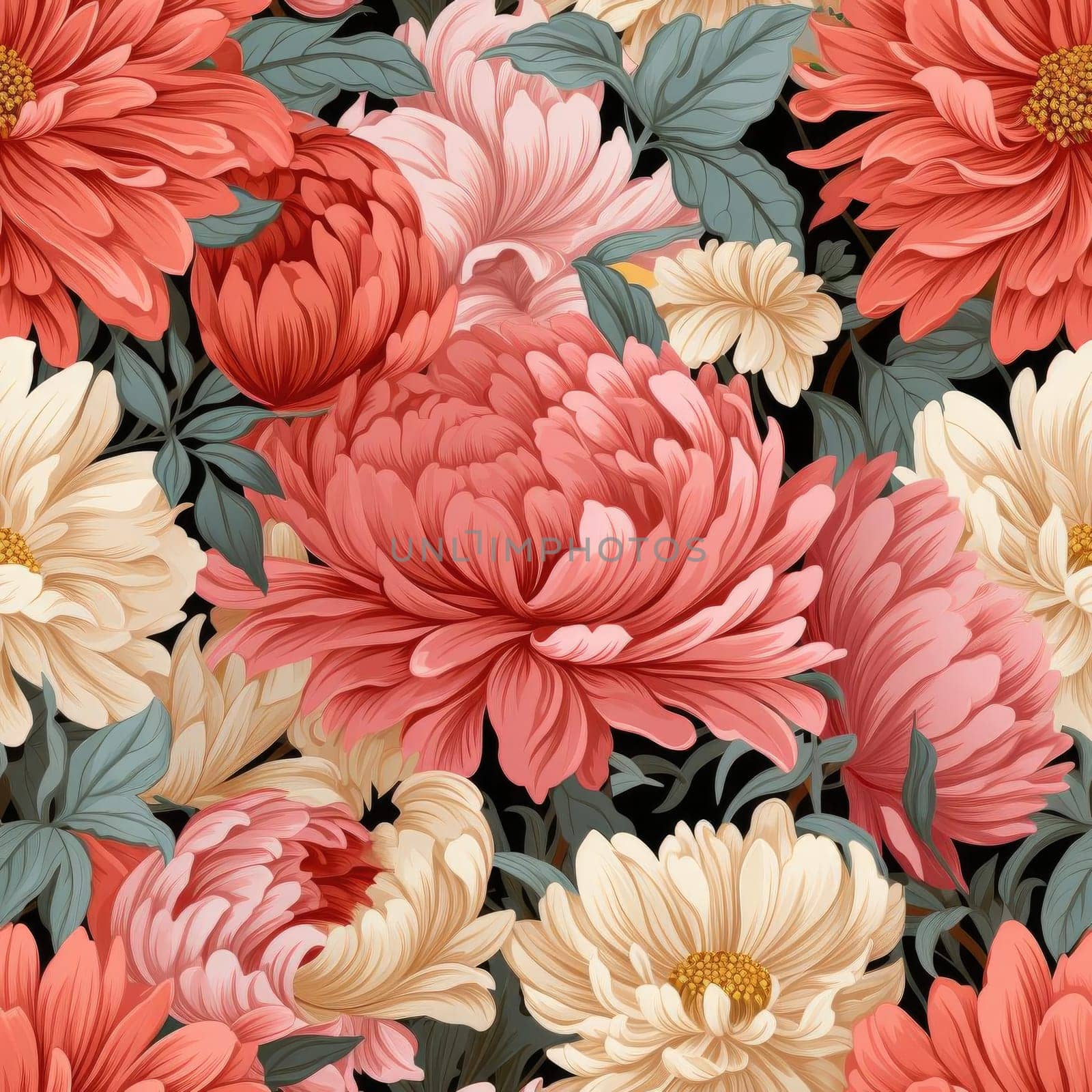 Colorful floral pattern with chrysanthemums and leaves (tiled)