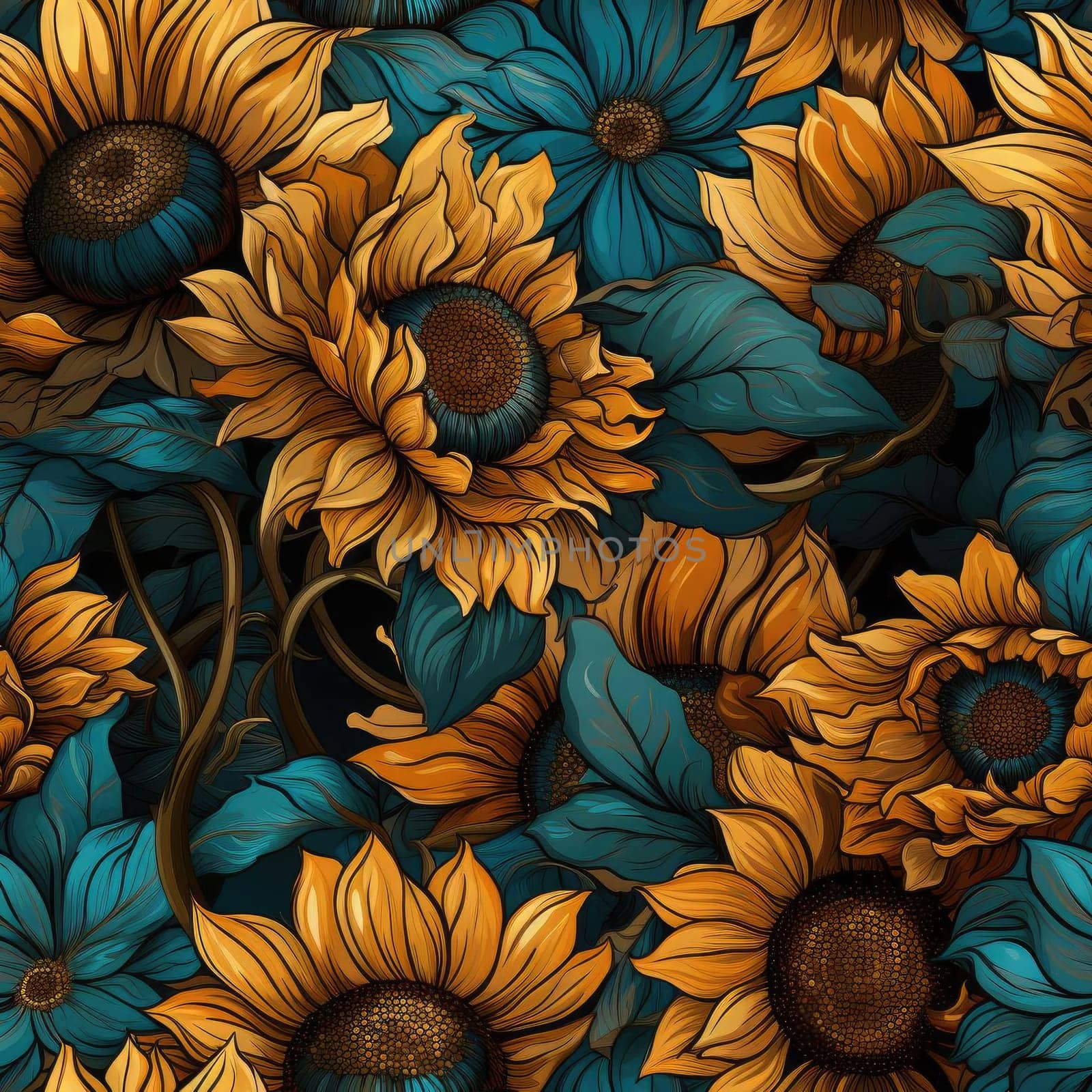 Vibrant vector illustrations of sunflowers on various backgrounds (tiled)