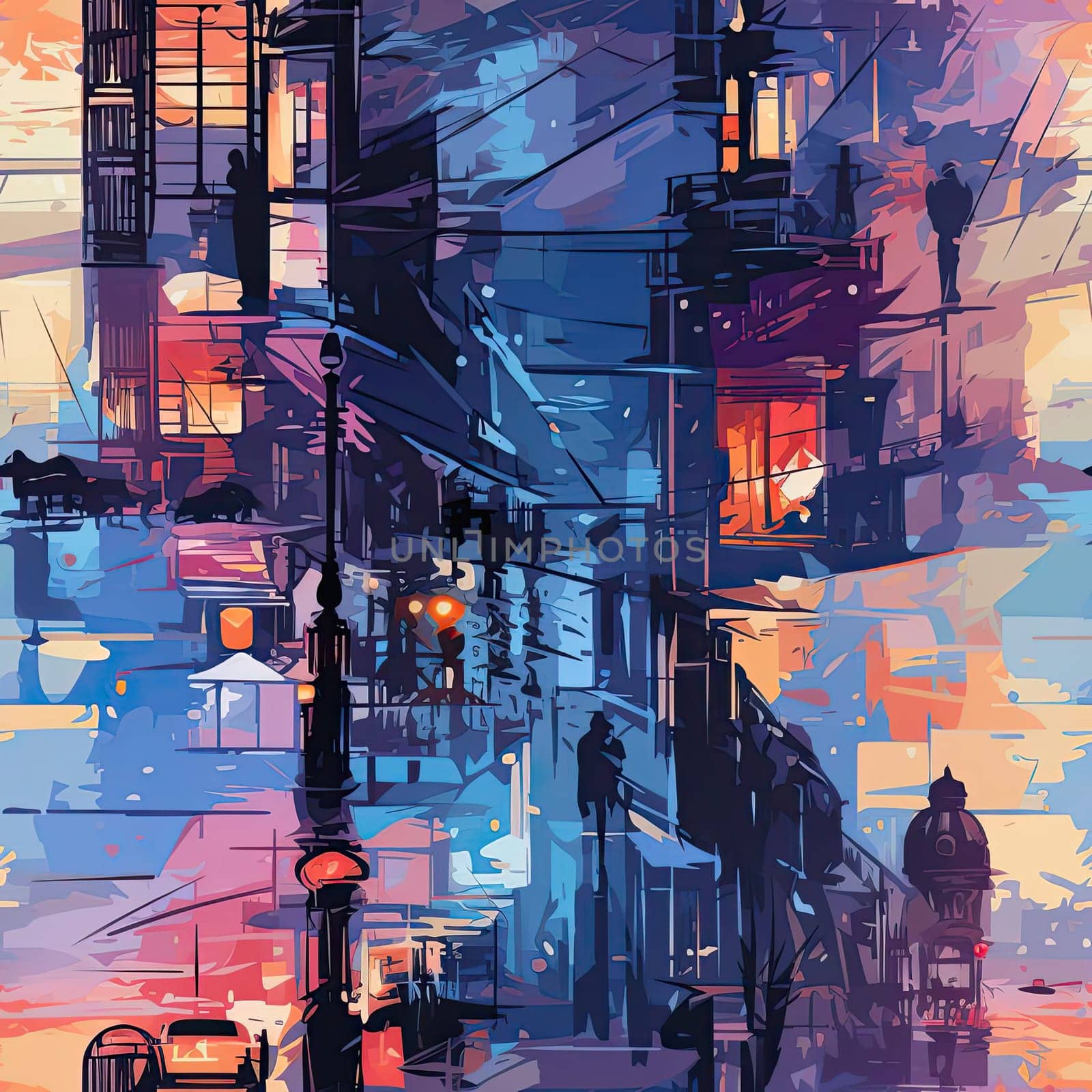 Colorful city at night with a vibrant palette and psychological phenomena (tiled)