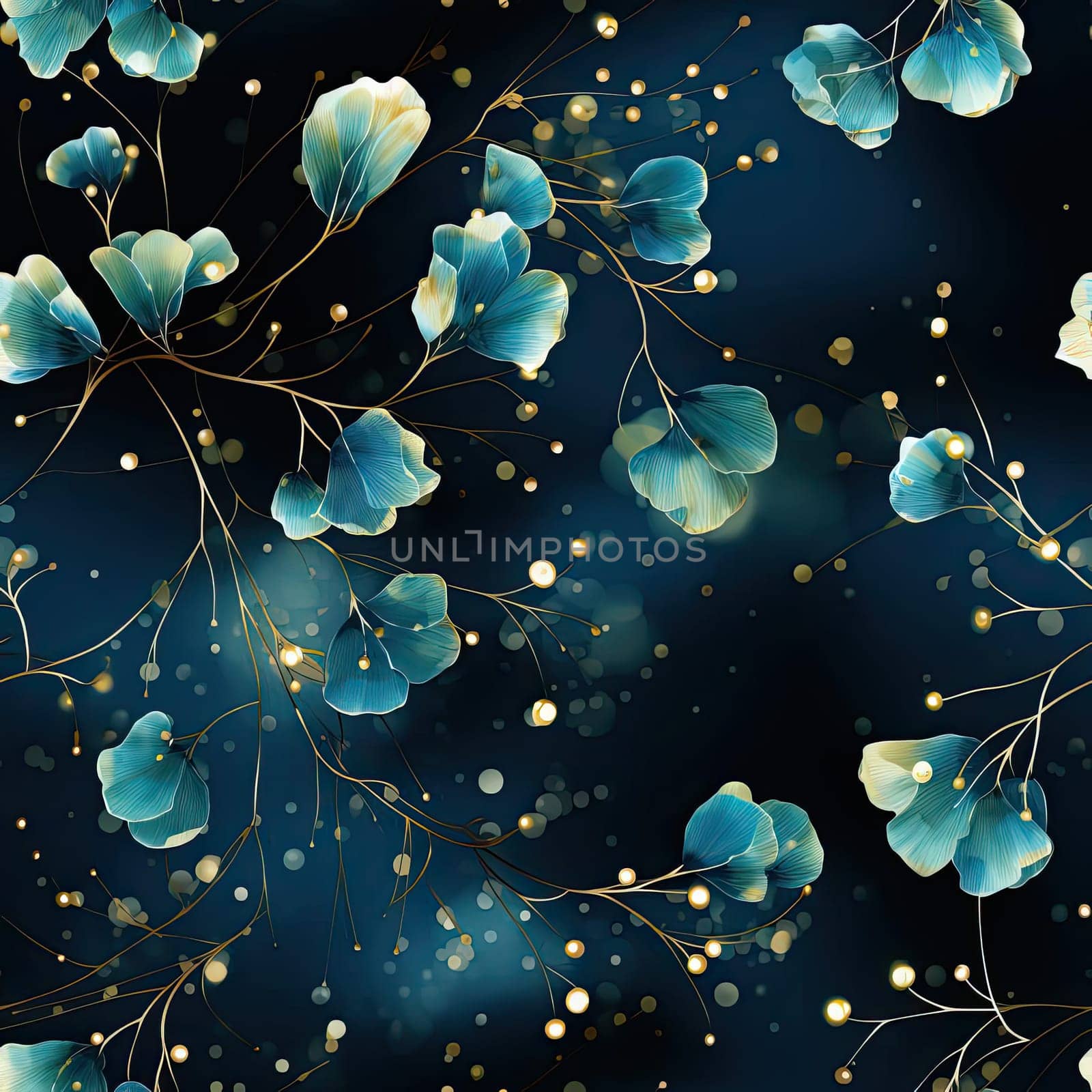 Beautiful blue flowers with golden petals and leaves on a dark background, with meticulous design