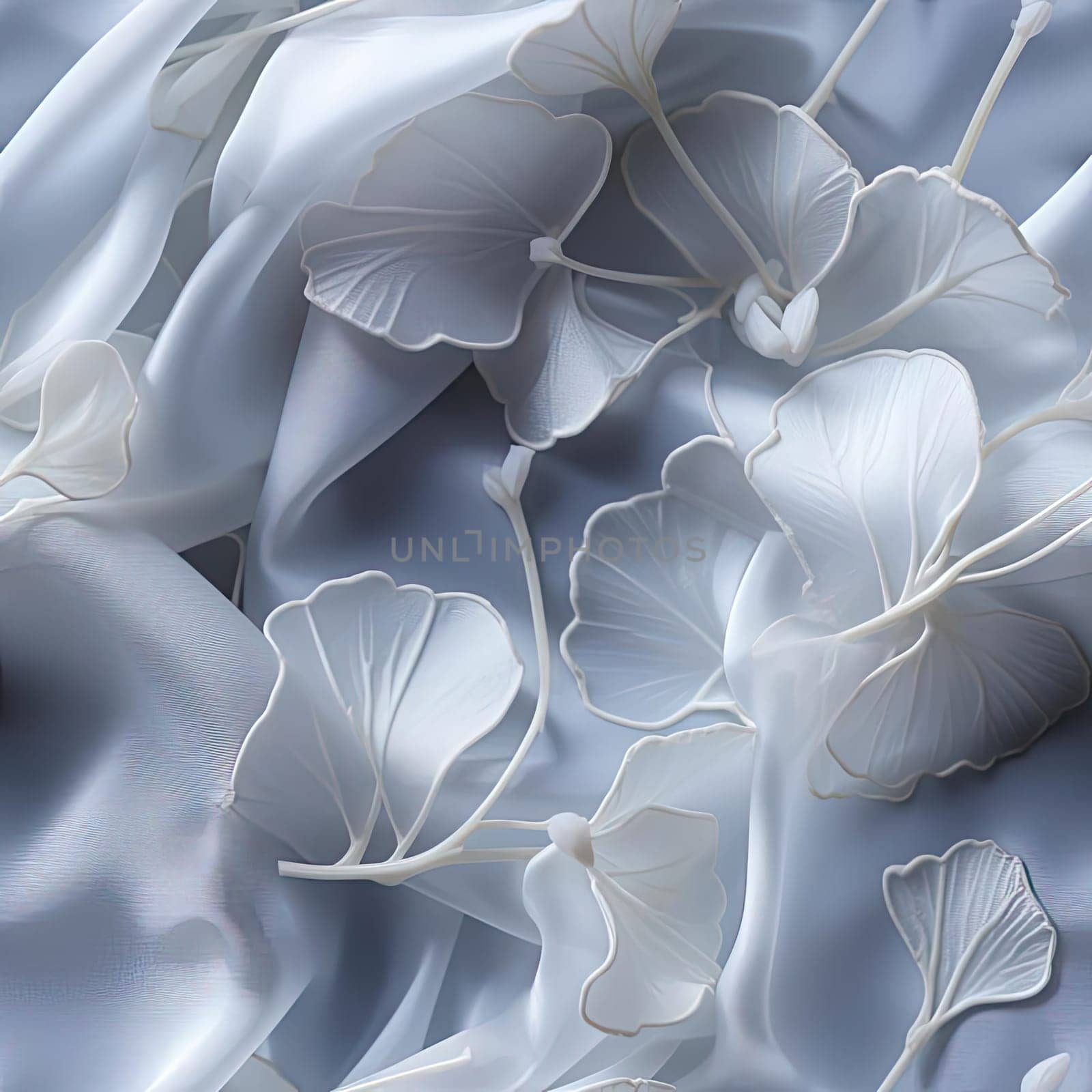 White flowers floating near the silk in a realistic hyper-detailed rendering (tiled)