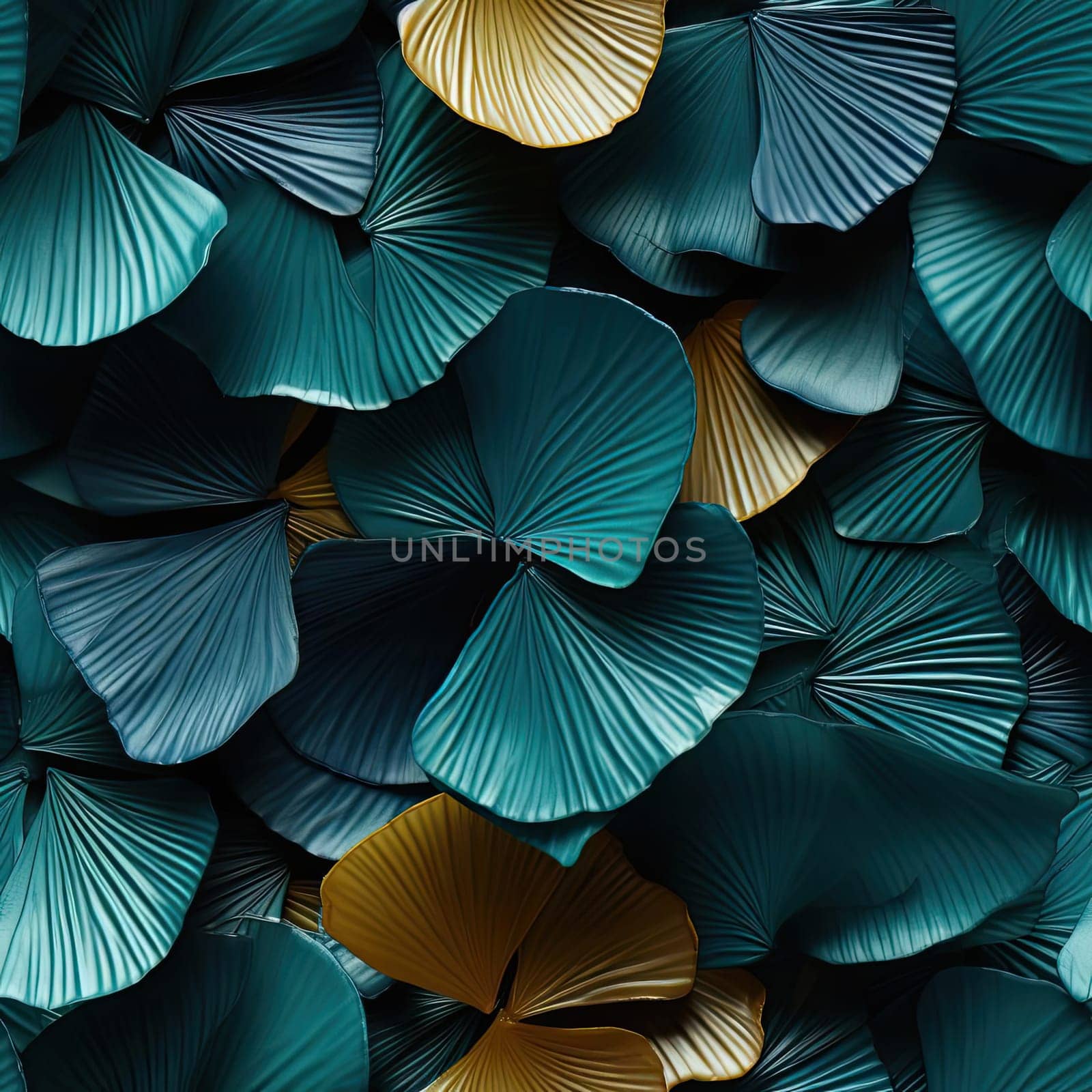 Blue and gold 3D artificial foliage background, with sculptural installation aesthetic (tiled)