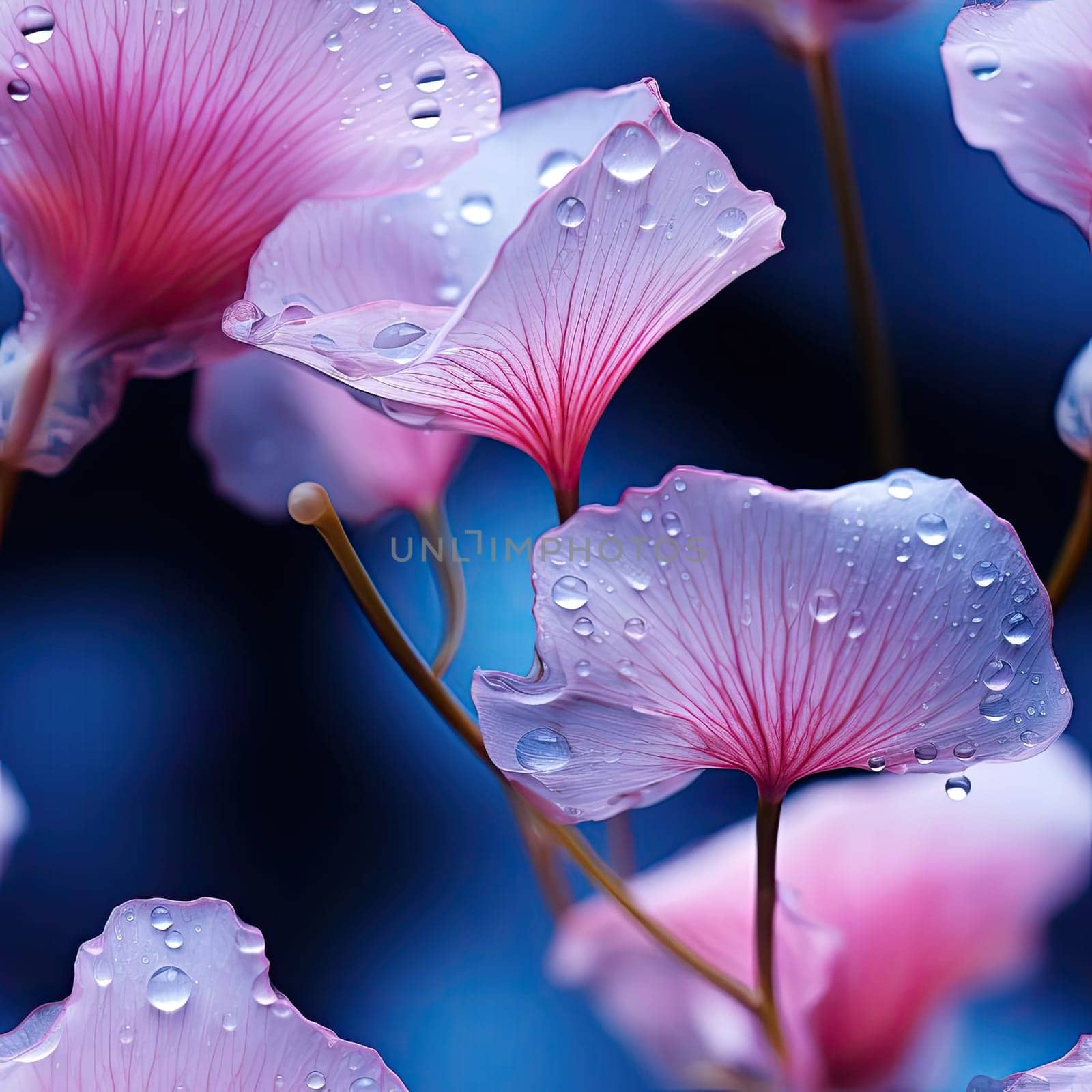 Delicate pink flowers with water droplets in fantasy-inspired compositions (tiled)