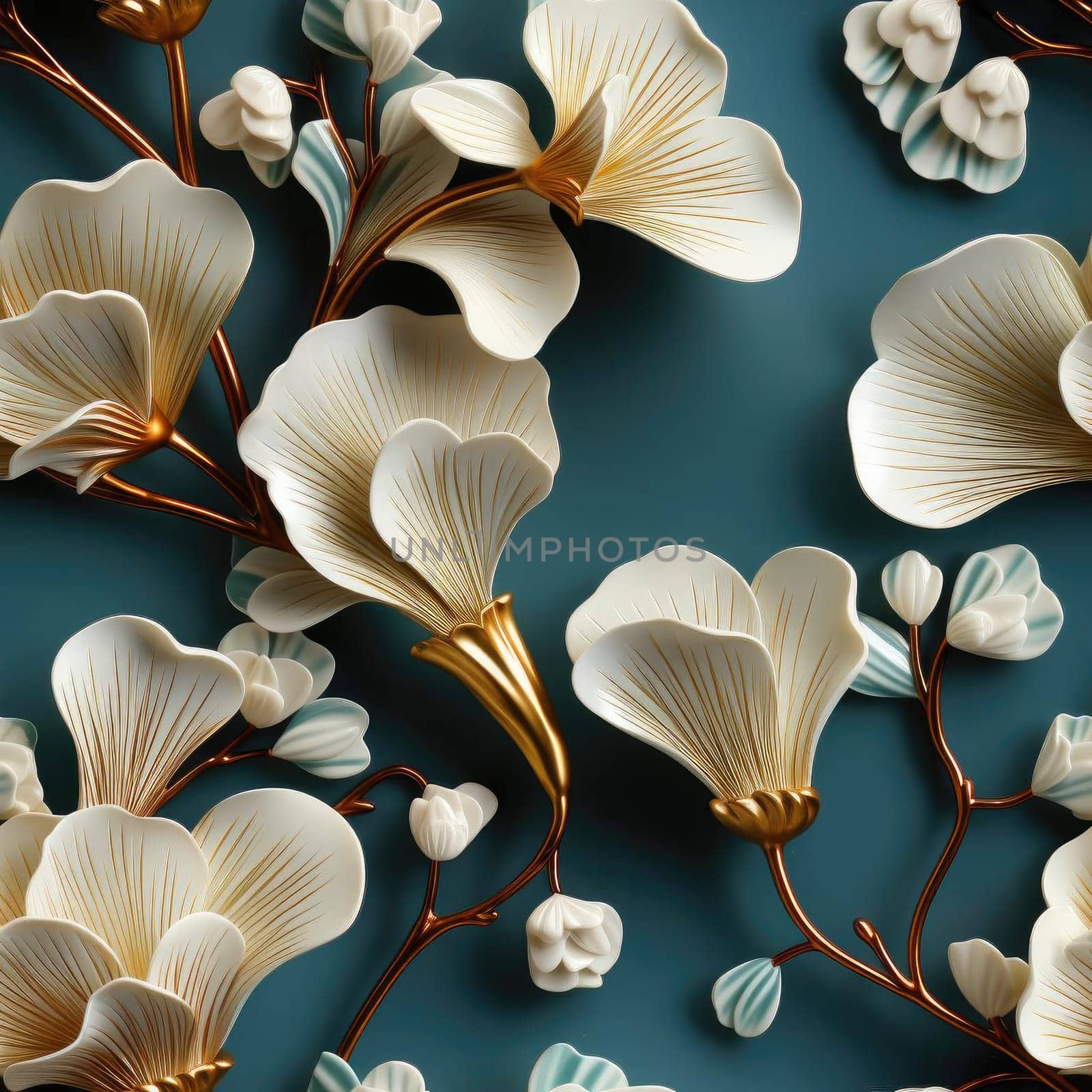 Exquisite white flowers on turquoise backdrop with sculptural ceramics (tiled)