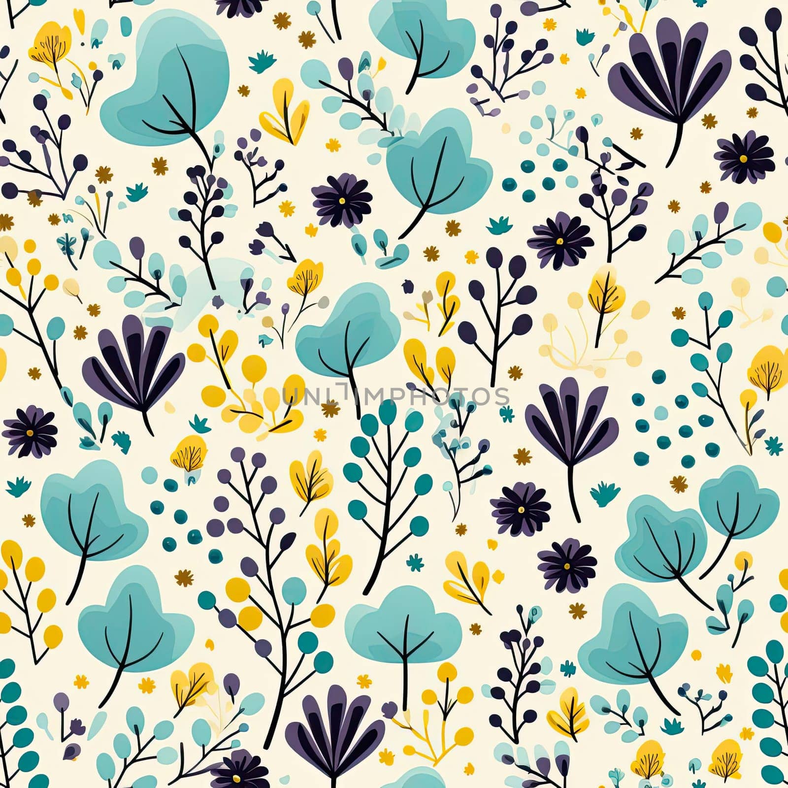 Cute and joyful blue floral pattern with detailed brushwork (tiled)