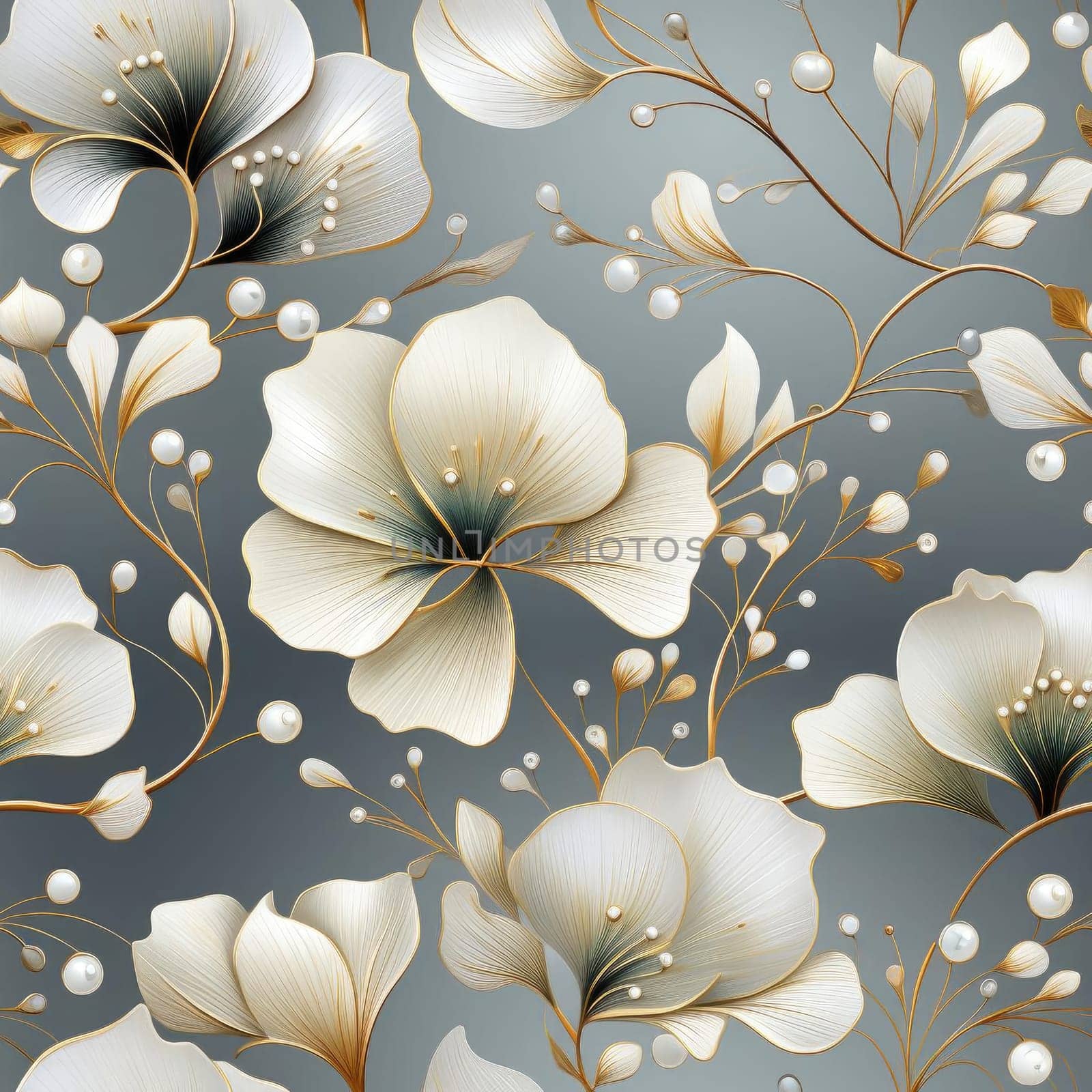Seamless pattern of white flowers, pearls, and leaves with realistic details (tiled)
