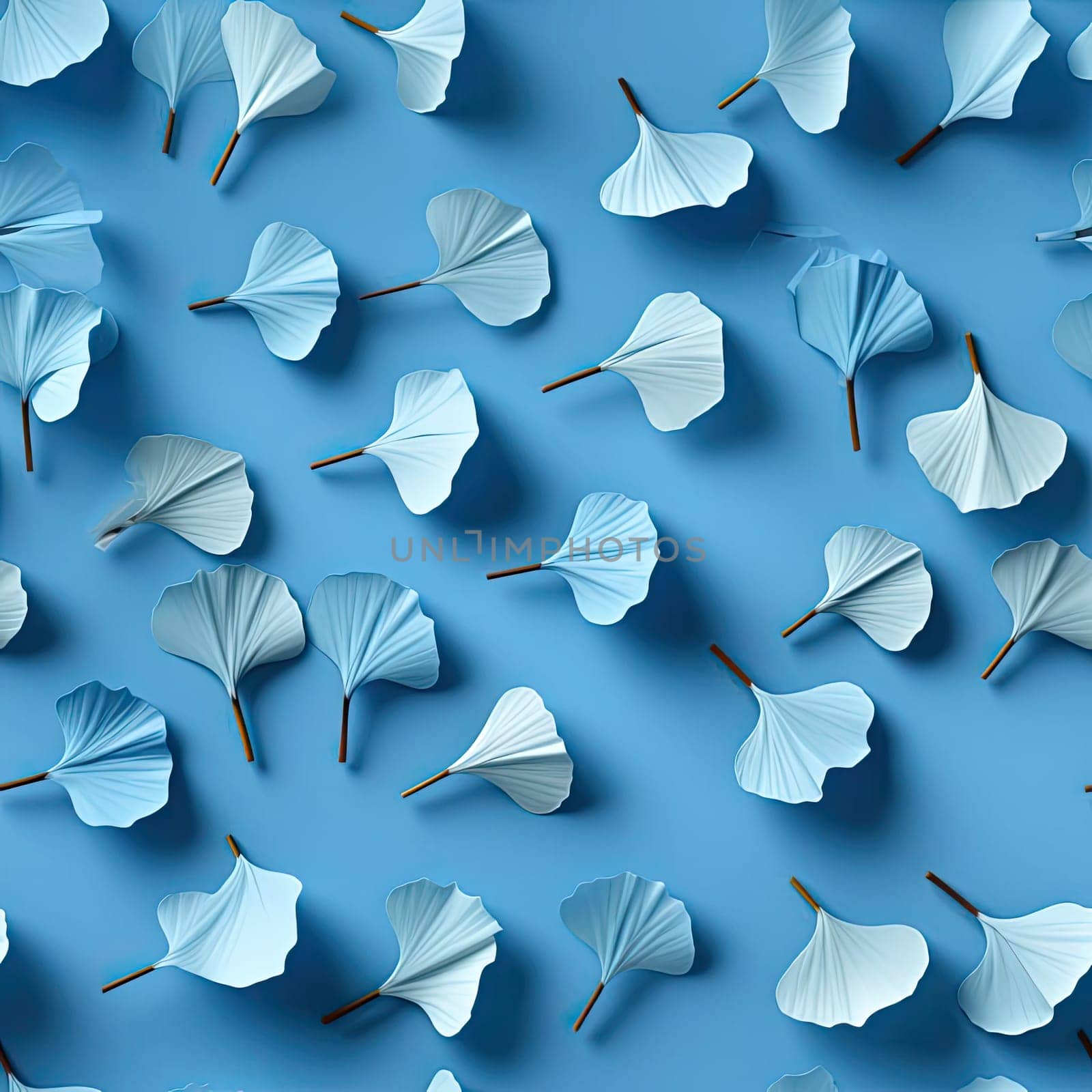 Blue paper ginkgo leaves pattern with minimalistic abstractions (tiled)