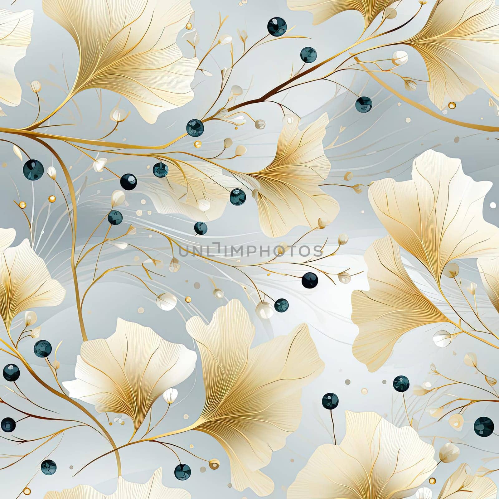 Seamless pattern with gold and silver floral leaves, beads, and leaves (tiled)