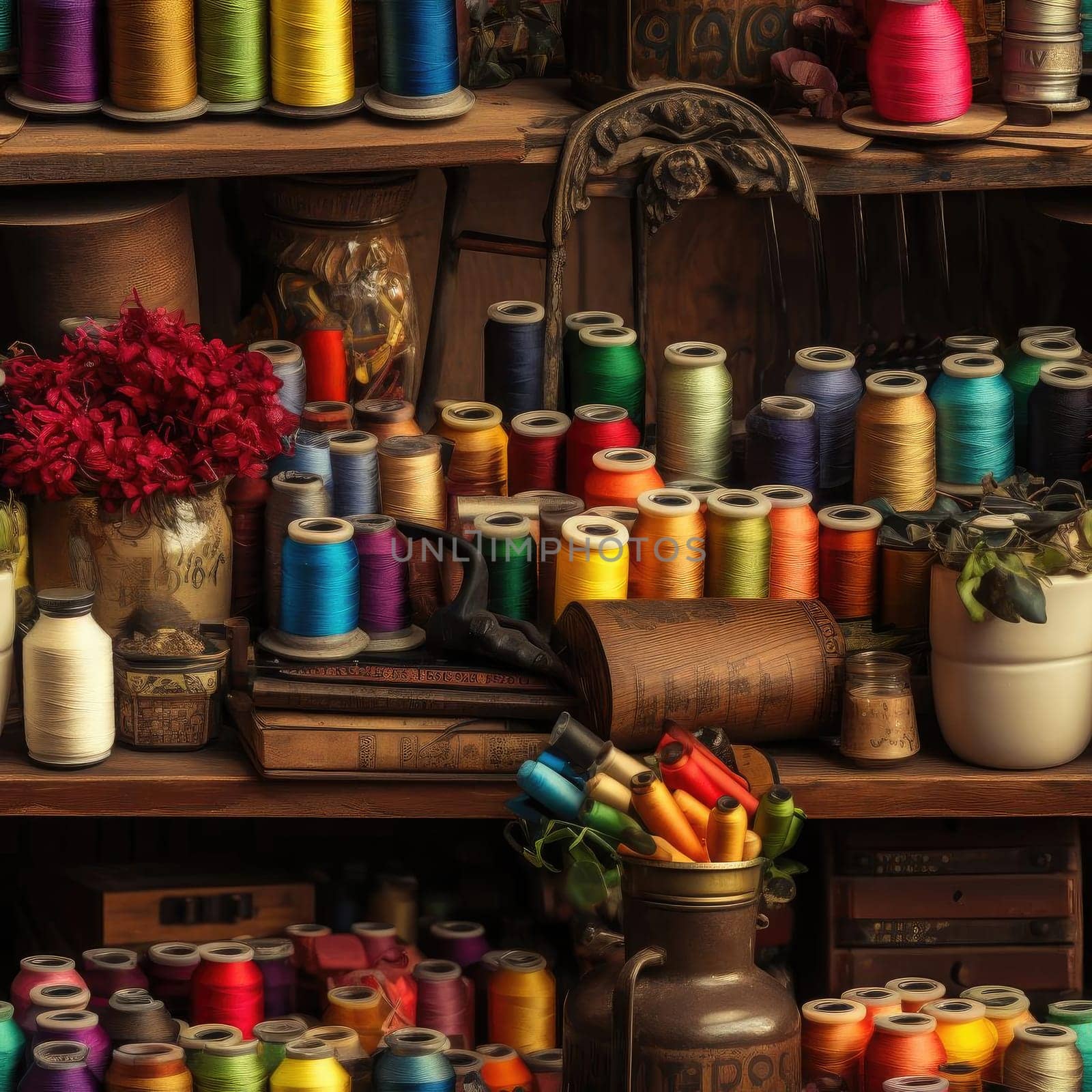 Shelf filled with colorful threads and sewing supplies (tiled)