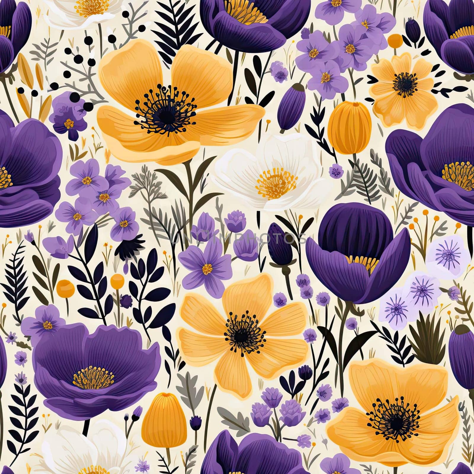Exquisite floral pattern with purple and yellow flowers on a white background (tiled)