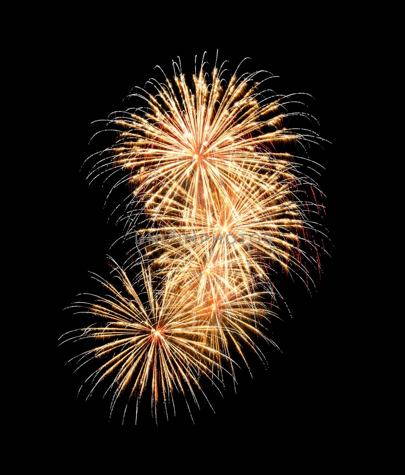 Festive yellow fireworks display isolated on black background for celebration and anniversary