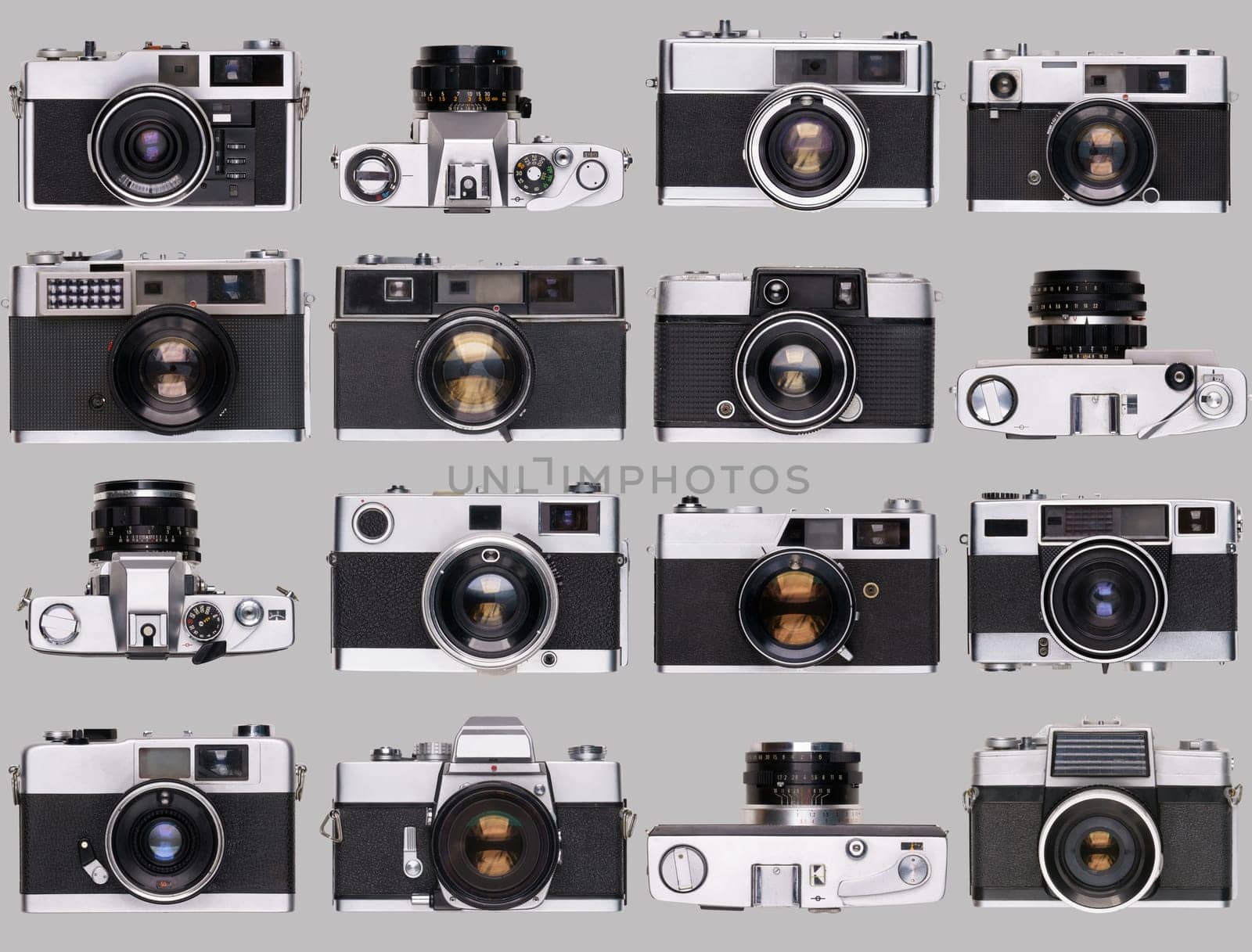 vintage old film camera collection isolated on gray background
