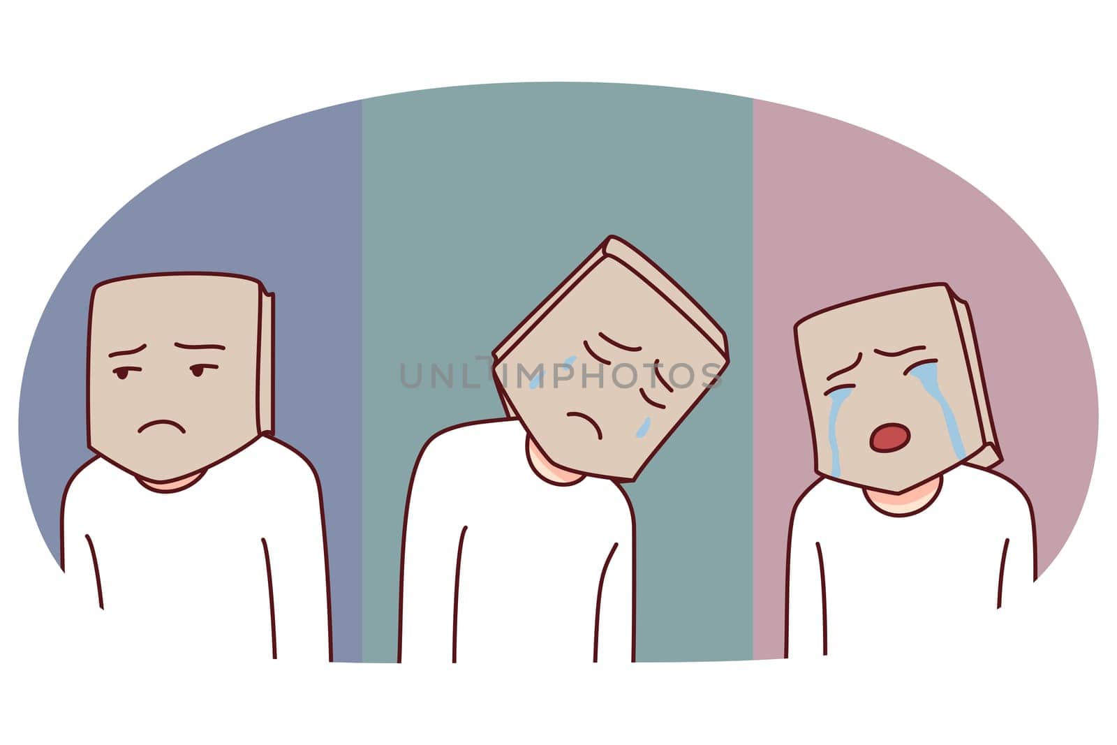 Person head in paper bag suffer from psychological mental problems. Man hide emotions struggling from depression or low self-esteem. Emotional instability. Vector illustration.