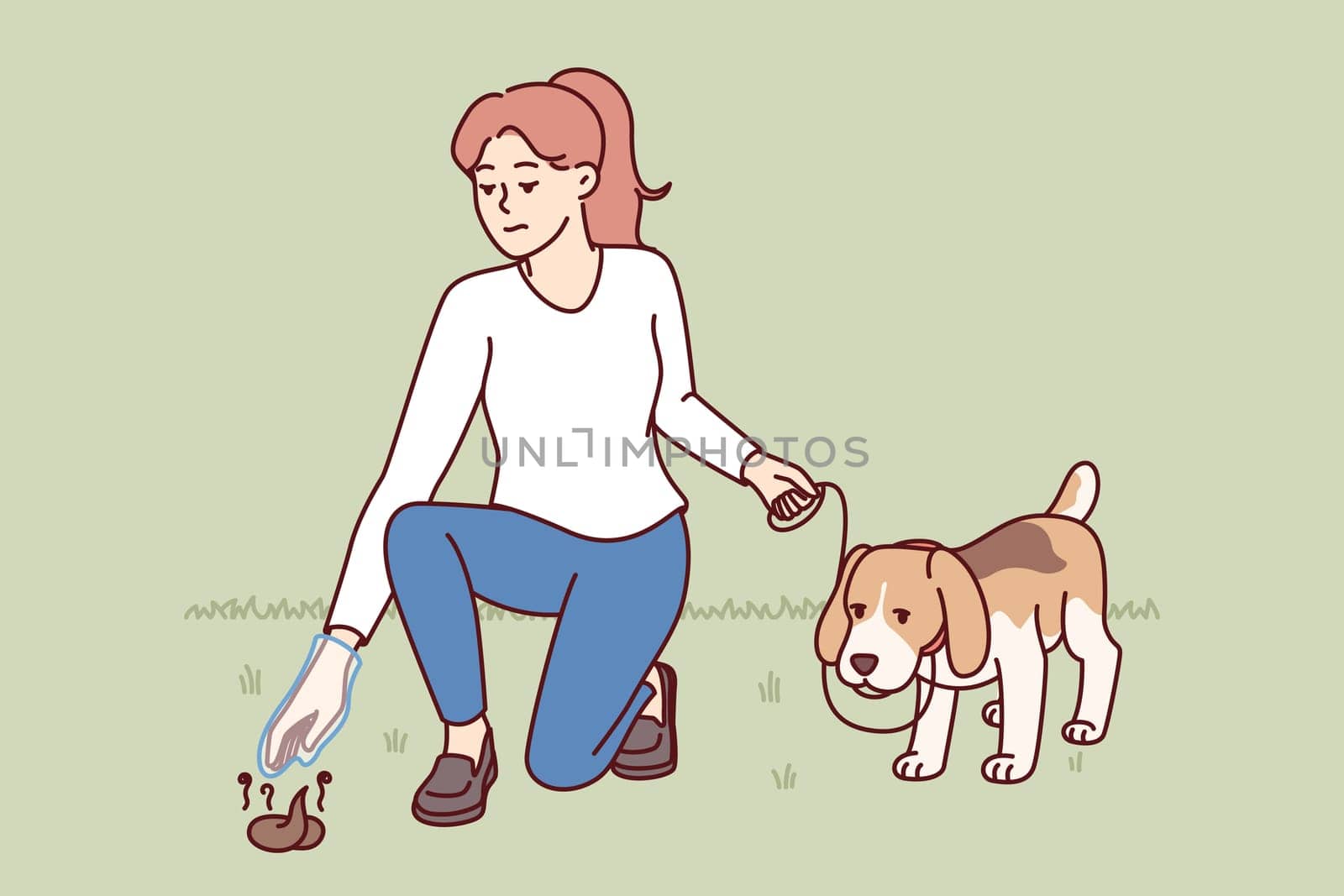 Woman walks dog with poop bag and picks up feces from ground, taking care of purity of nature. Young girl with dog on leash is in park and cleans after pet, showing civic awareness