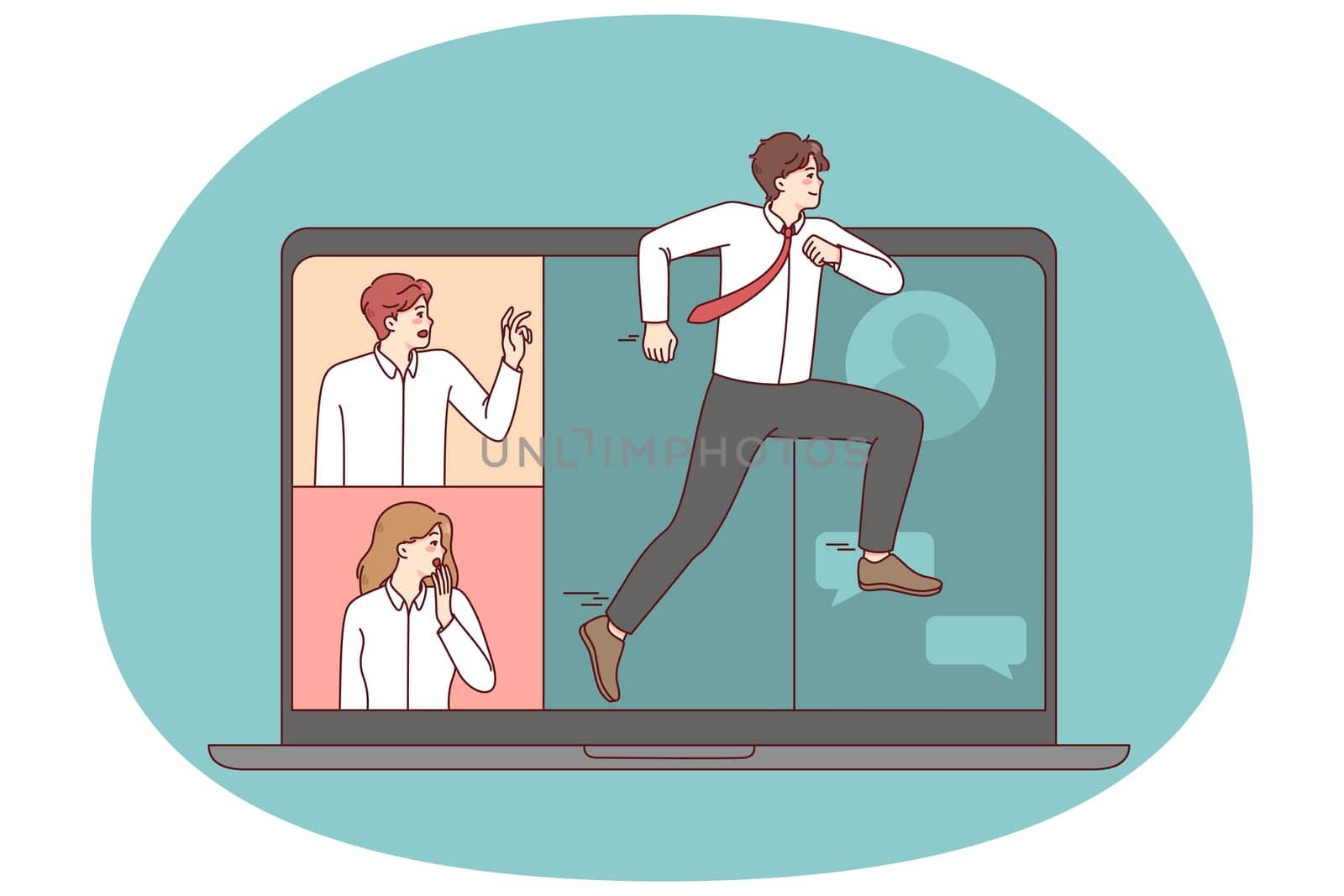 Male employee running away from online business meeting on laptop with colleagues. Man jump into offline work schedule. Remote conference on computer problem. Vector illustration.