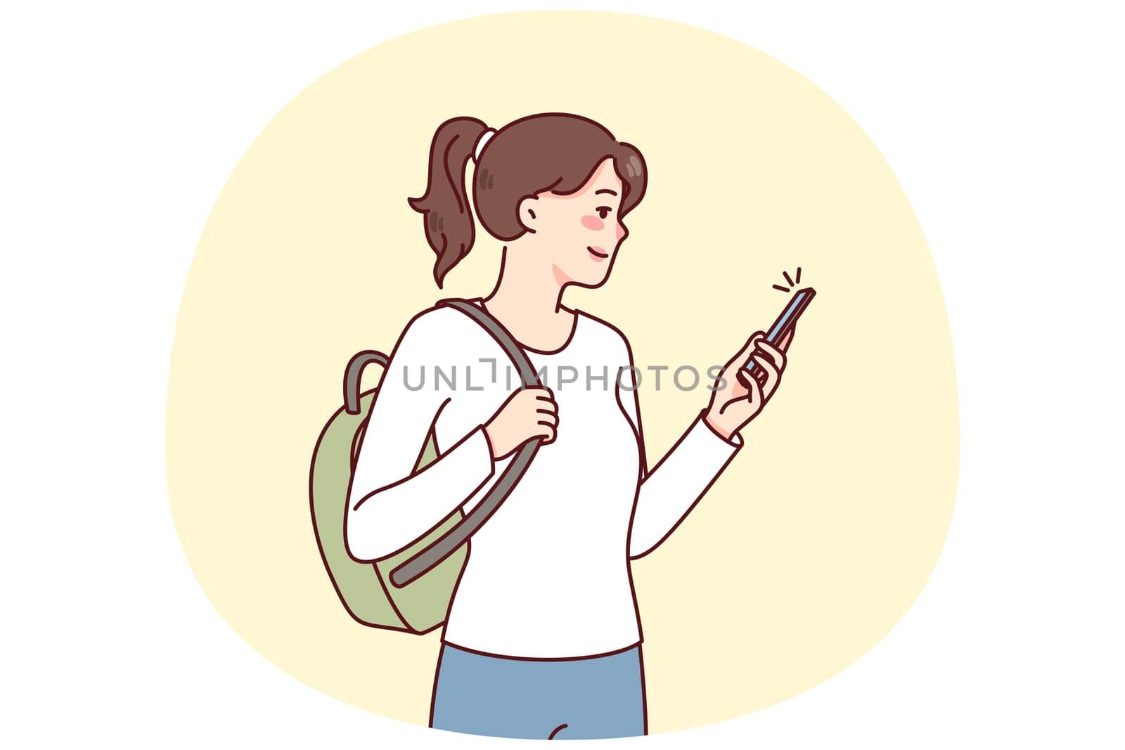 Smiling girl student with backpack using modern smartphone communicating online. Happy woman with cellphone browsing social networks on gadget. Flat vector illustration.