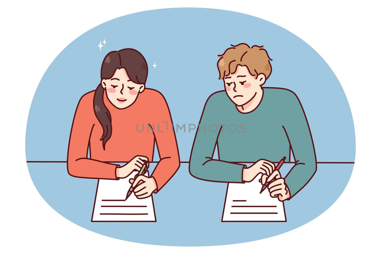 Boy cheating on school exam copy answers from female classmate. Schoolchildren with papers on examination during test. Flat vector illustration.