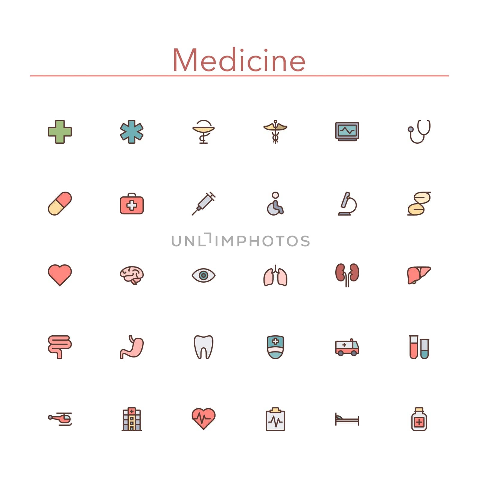 Medicine colored line icons set. Vector illustration.