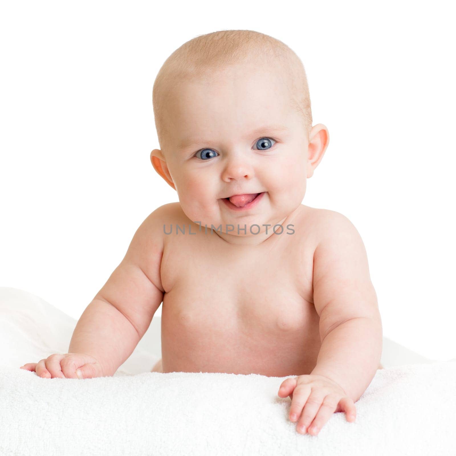 Cute happy baby kid lying on towel isolated