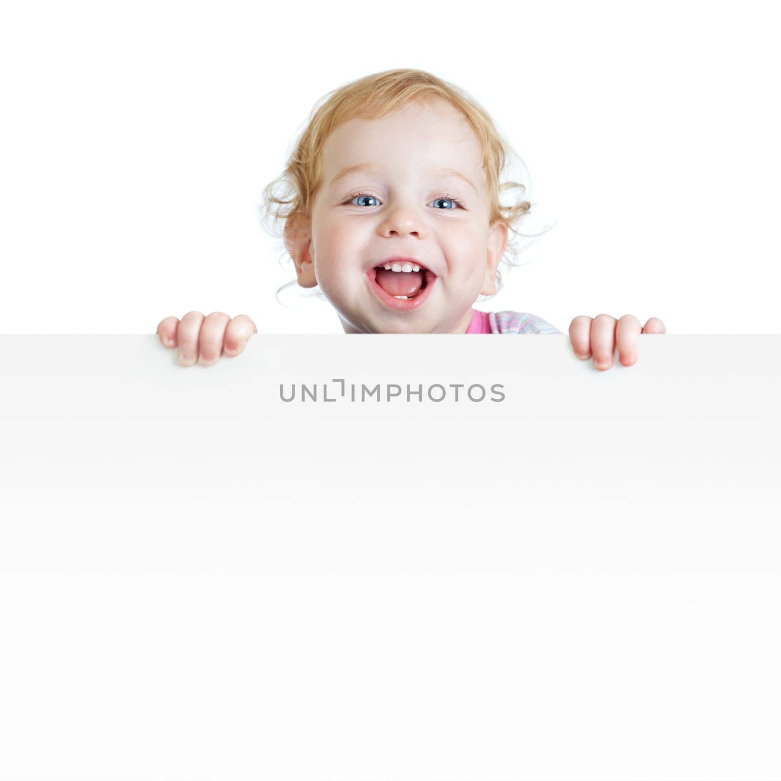 Young baby boy showing blank placard with copy space isolated on white