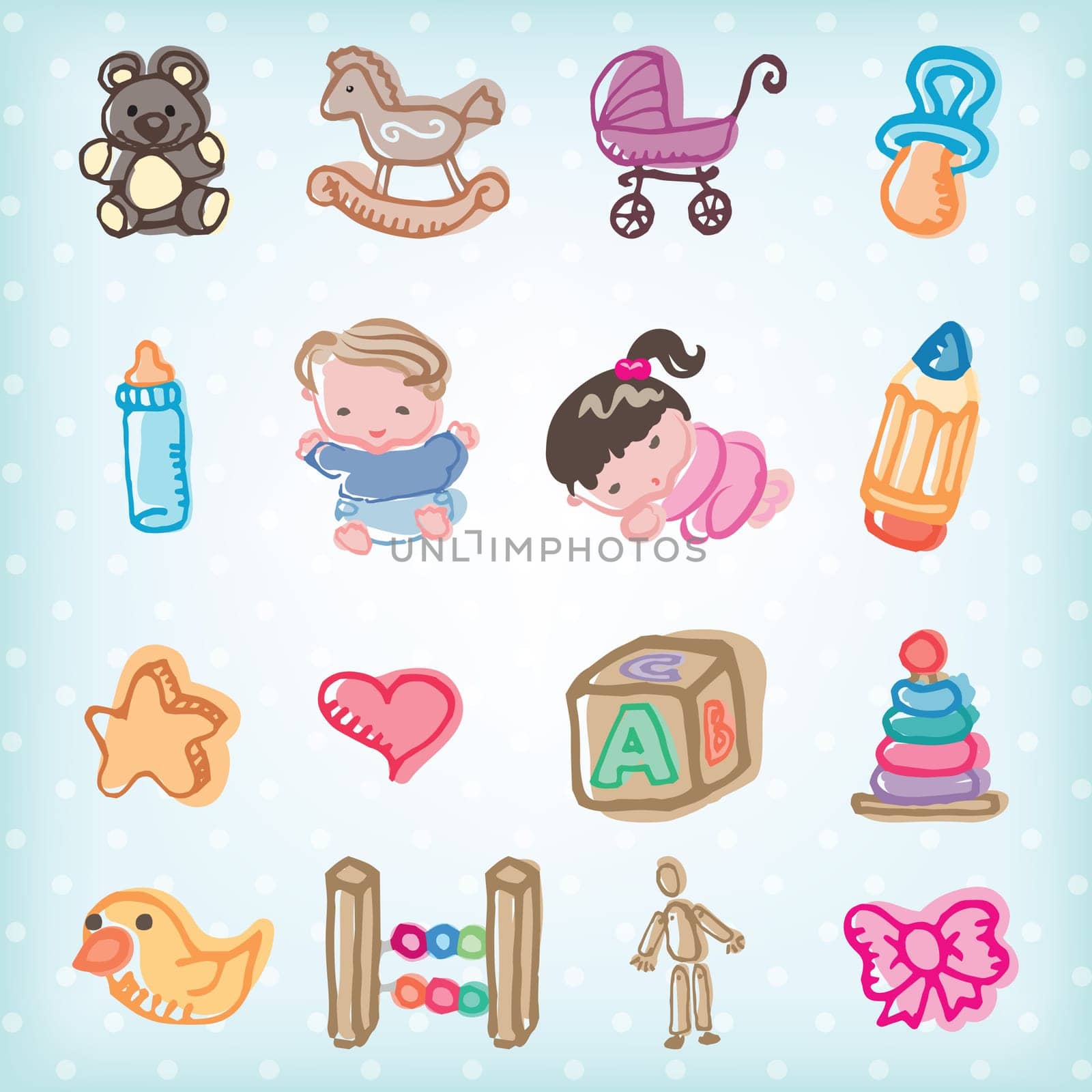 Cute illustration of kids and baby toys