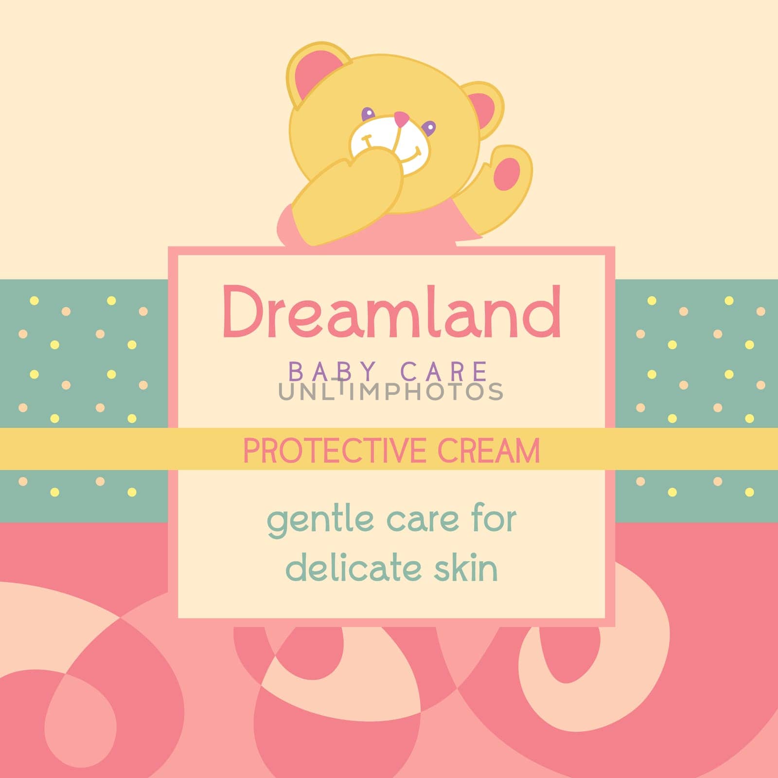 Vector background with a label for Baby cosmetic. Advertising Baby cosmetic. Country of dreams.