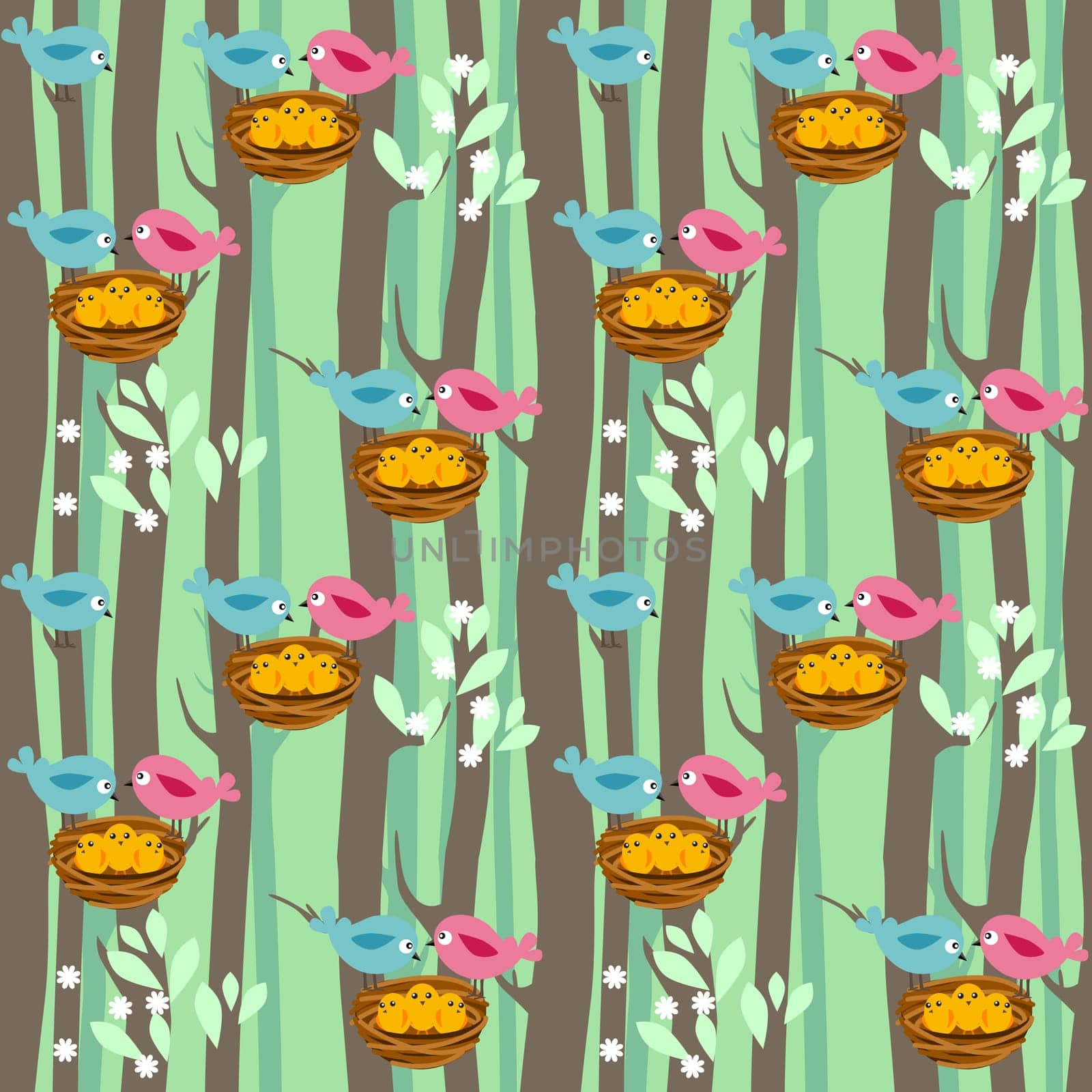 Seamless pattern with spring trees and birds with babies