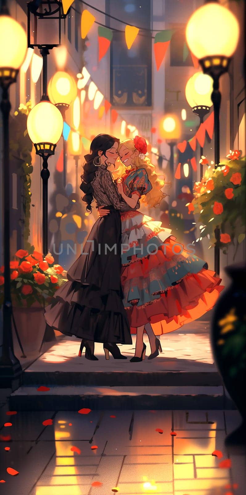 Two girls dance gracefully on the streets of the evening city, bathed in the romantic glow of street lamps. They are not just dancers, but a lesbian couple deeply in love with each other. There are blooming roses and colorful garlands.