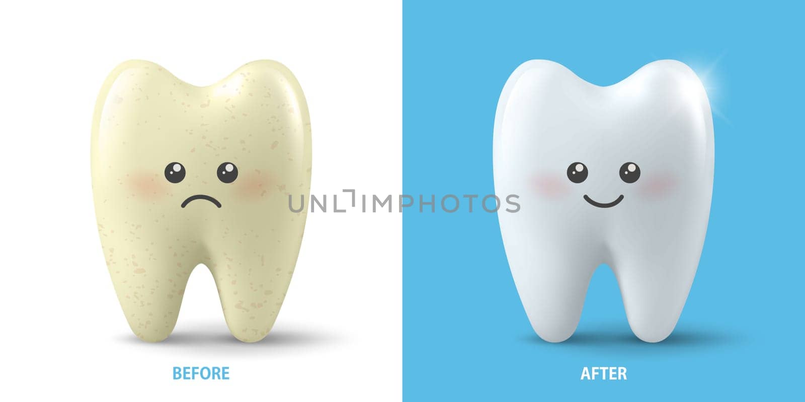 Vector Banner with Realistic Sad and Happy Tooth. Cleaning Concept - Before, After Hygienic Teeth Cleaning. Dentistry Design. Medical, Toothpaste Advertisement. Healthy Oral Hygiene, Teeth Whitening.