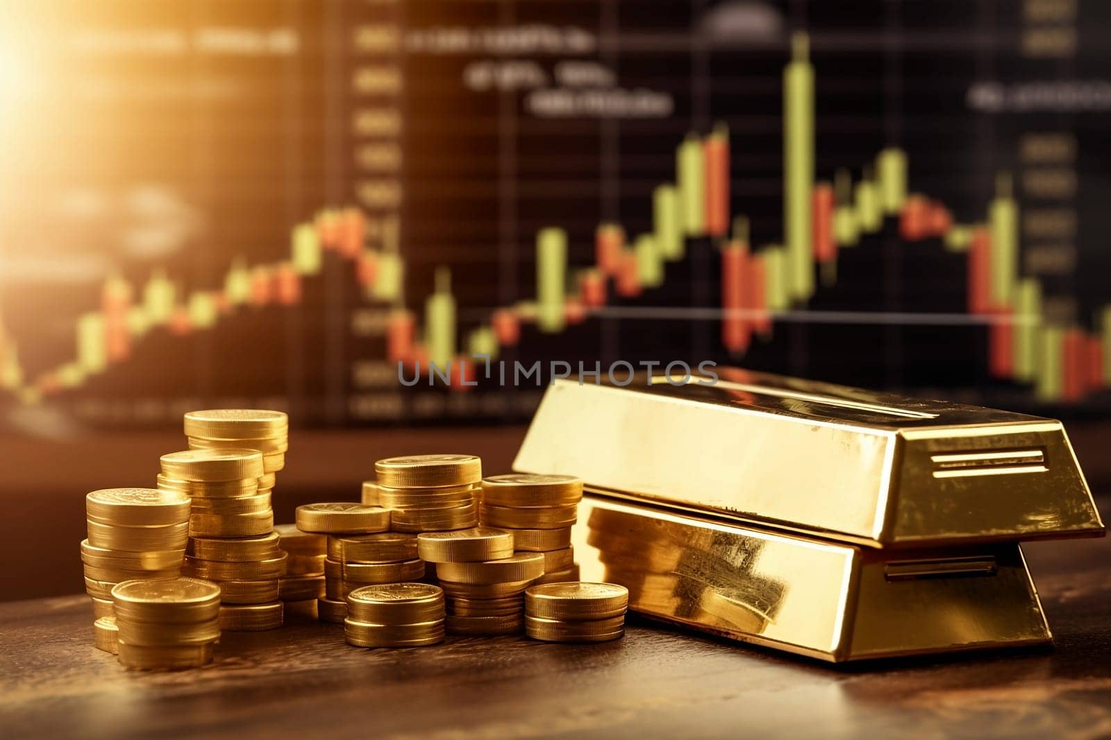 Investment gold and coins in the stock market. Shares graph representing investment - Generative AI