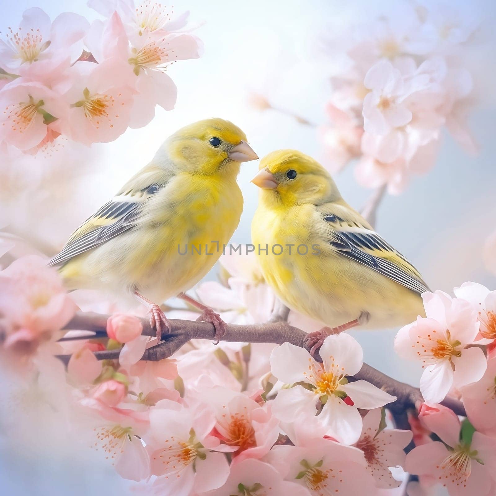 Pair of yellow birds in spring nature. Pastel color style in pink tones - Generative AI